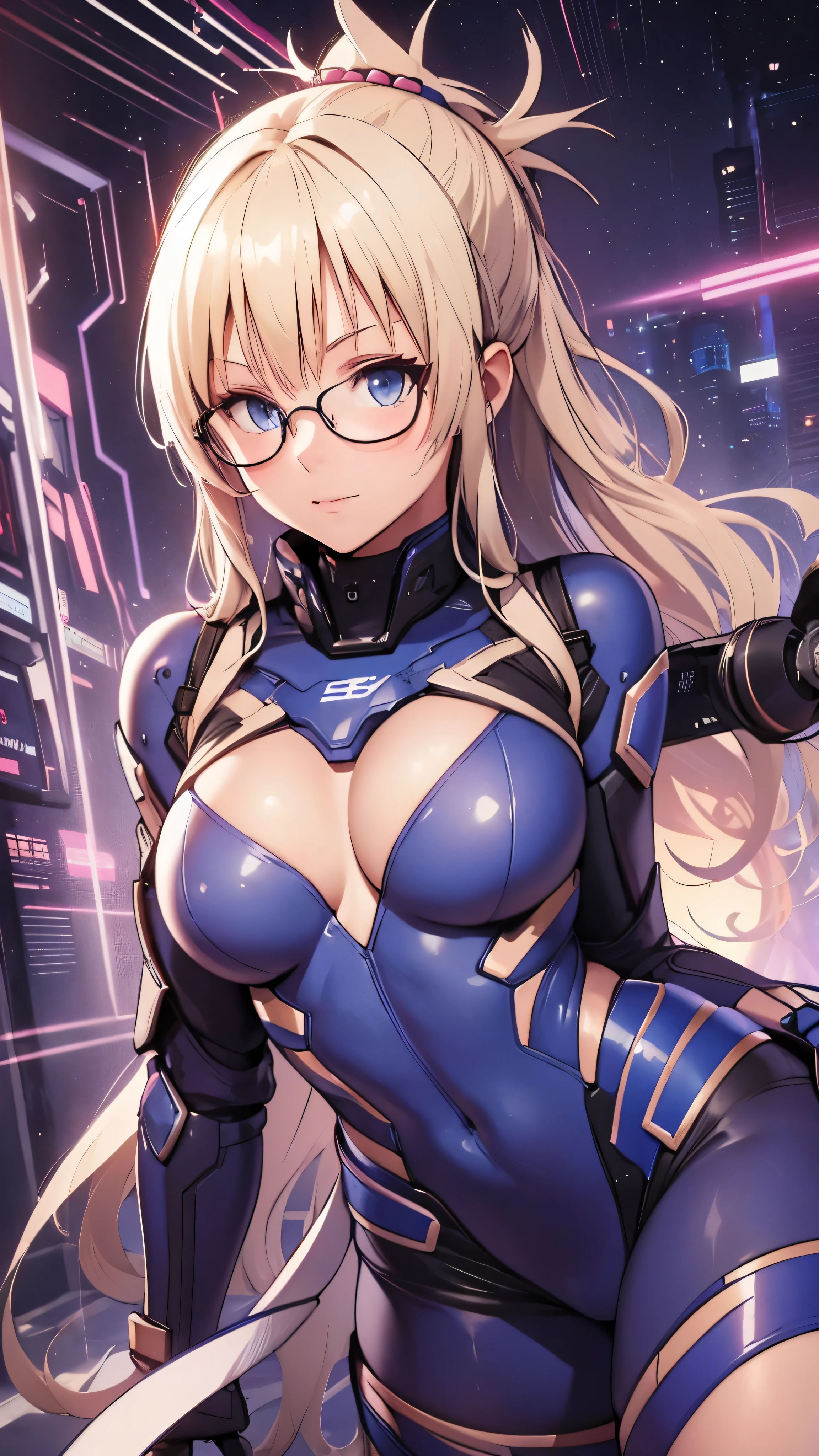 woman,************,,city,night,(((white and blue tight miniskirt bodysuit))),,open mouth smile((See-through))(((Glasses))),((Beautiful long ponytail)),(()),blush、surprised face,((())),((blonde))(((On the way to changing clothes)))(((While undressing)))