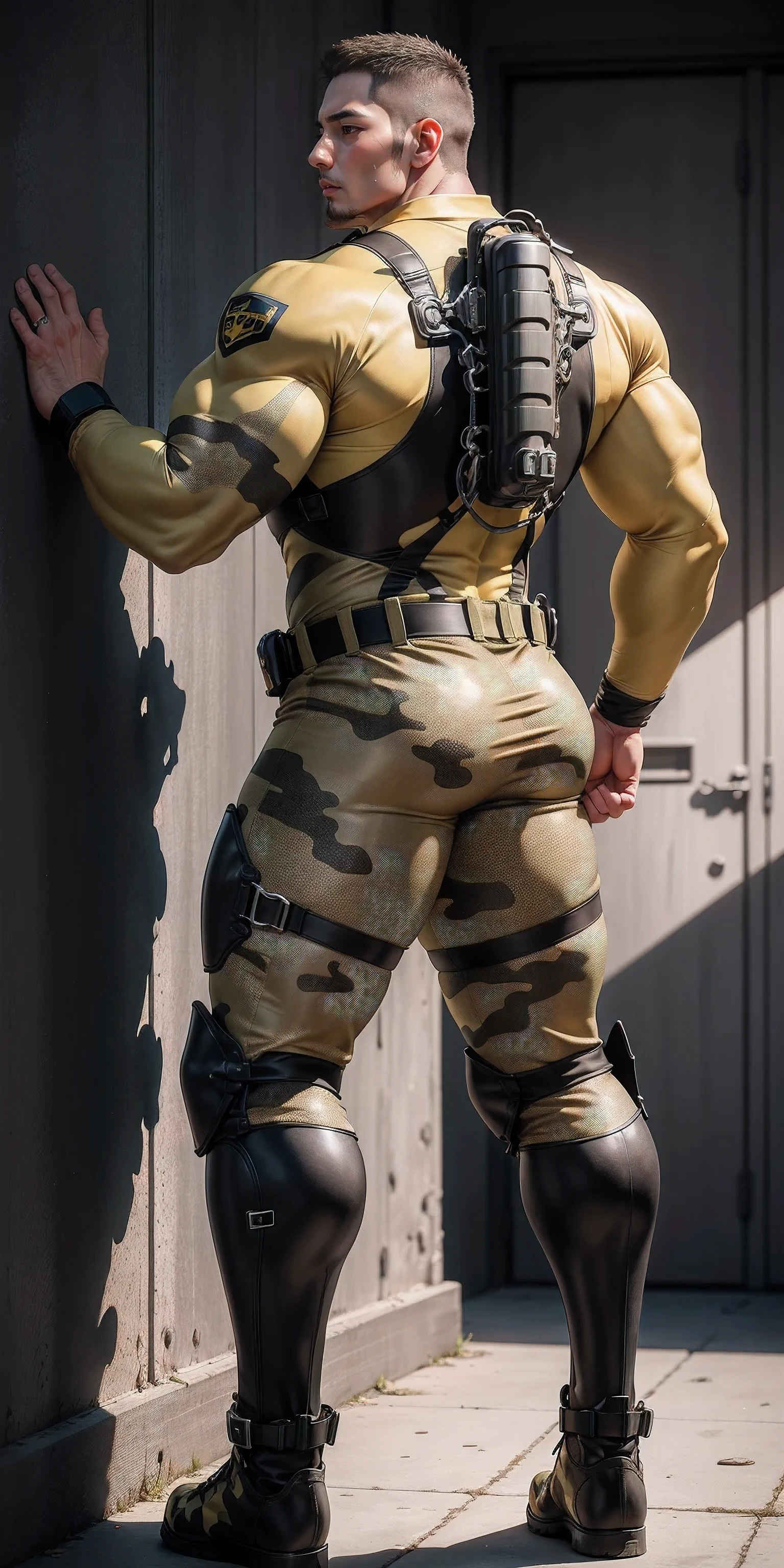 Tall giant muscular police officer back view.,Yellow and gray khaki camouflage uniform,Stick to the wall and hug the wall,Straighten your hips,character idea(Resident Evil - chris redfield,chris redfield)senior police officer,Wearing a yellow and gray khaki camouflage diving suit,matte texture,regular symmetrical texture pattern,Standing in the dark sugar cane jungle, The body is wrapped in thick rattan,sad expression,Deep and charming eyes,Emerald Pupil Hero,heroic male pose,高大burly,muscular!Charming leg muscles,High, burly, Heqiang, Wearing a yellow and gray khaki camouflage diving suit, Super gain and cool, high resolution committee, Big feet in black boots,Charming strong man,The bright sunshine is shining on you,matte particles,shiny texture