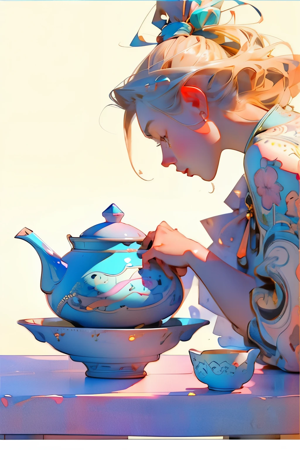 There is a girl lying on the table，There is a ceramic teapot on the table，Hand drawn watercolor，May Ibuki，exquisite still life，high resolution