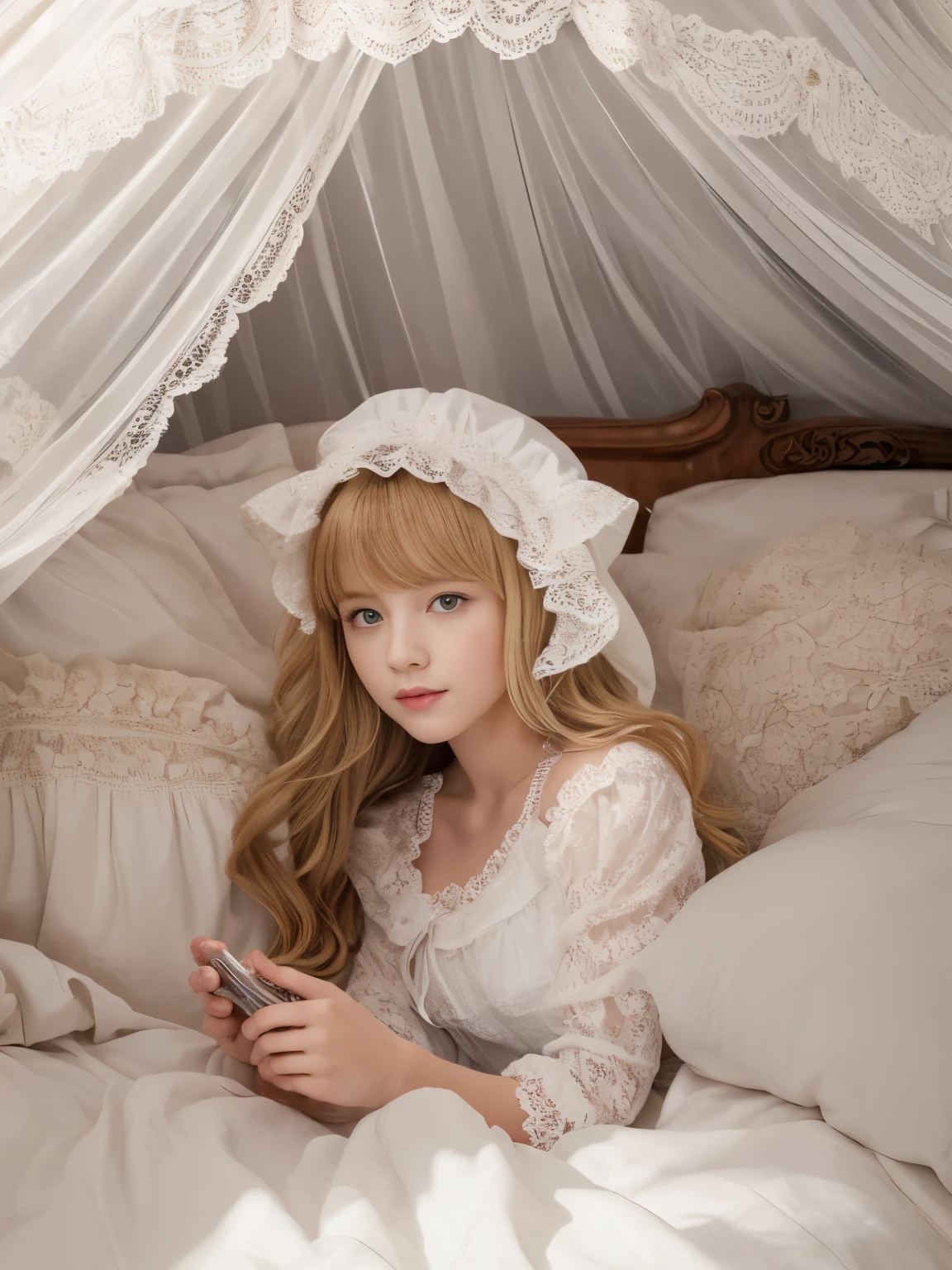 ,highest quality, masterpiece, highest resolution, artwork, super それにget used to it, many get used to it, get used to it, それにget used to it, 3K realistic photos,,((10 year old girl)),Super detailed young girl's face, Beautiful girl illustration,detailed beautiful face detailed hair,detailed human eye ,detailed mouth, arm details,detailed hands, Super detailed young girl's face, Beautiful girl illustration,detailed beautiful face detailed hair,detailed human eye ,detailed mouth, arm details,detailed hands, european,(((Blonde with super long rolls))),blue eyes,pajamas,night wear,((((white nightgown)))),((フリルとリボンが沢山付いたwhite nightgown)),((1920 style nightgowns)),wearing a nightcap,((Nightcap with frills and ribbon)),victorian nightgowns,Yoke collar with ruffles and ribbons,Long sleeves with ruffles,Long skirt up to the ankle,((The whole body is reflected)),white ruffle and lace socks,Wearing slippers with frills and ribbons,Pillow with large frills and ribbons,detailed costume,Detailed pillow, is sitting on the bed,on a luxurious canopy bed,(((four poster bed with canopy))),(((Luxurious curtains on both sides and behind the bed))),many frilly pillows on the bed,super detailed background,Detailed bed,romantic atmosphere,The lower half of the body is hidden under the futon,