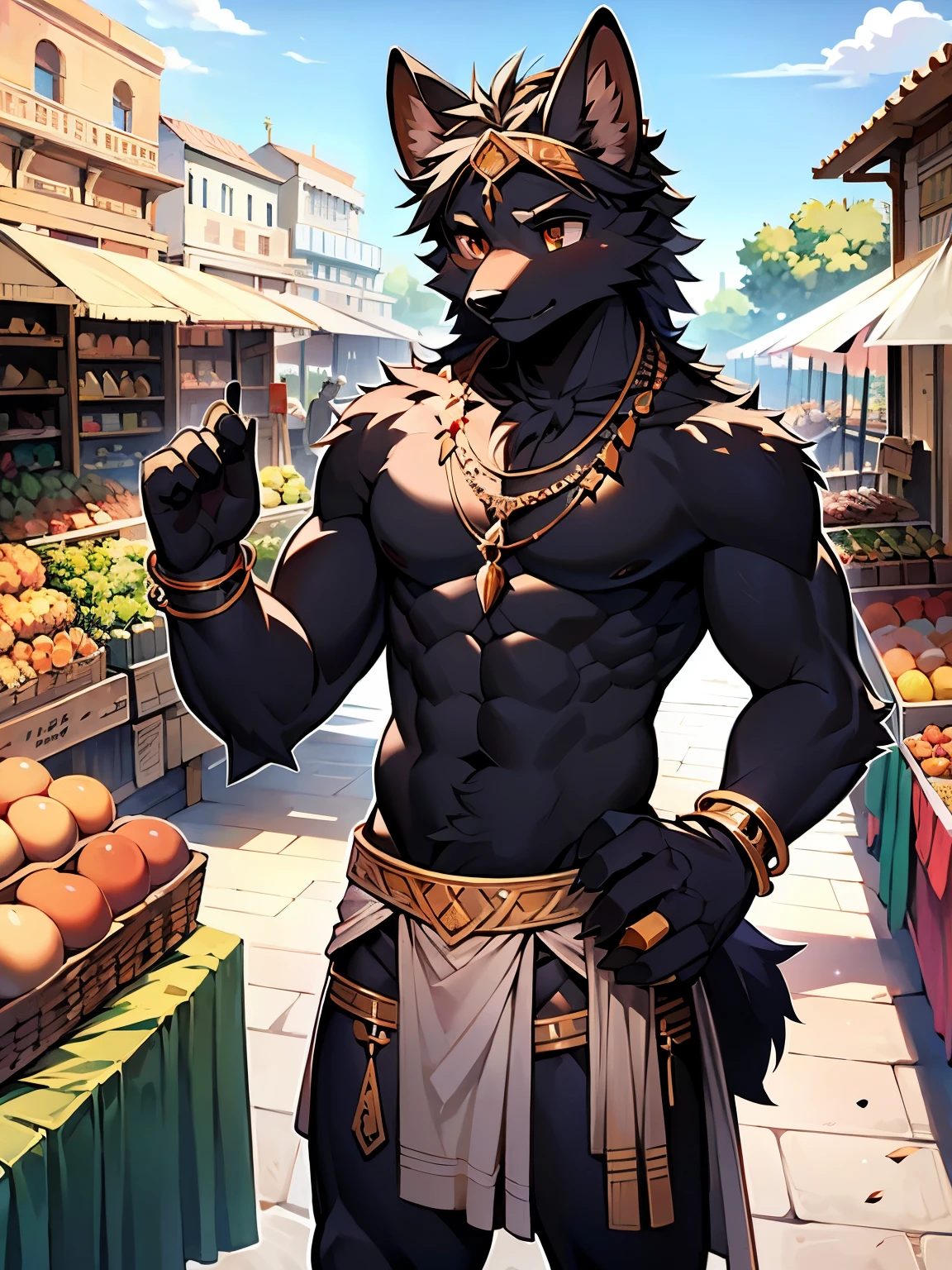 Take a break, Masterpiece, high resolution, 8ก, Detailed background, High quality, Take a break, Take a break, (black fur, timid, conjunctivitis, fluffy fur, Fine fur)) hairy, decisive, man, เด็กman, humanoide, fig leaves, loincloth (ancient greek architecture, market, necklace, bracelet), alone