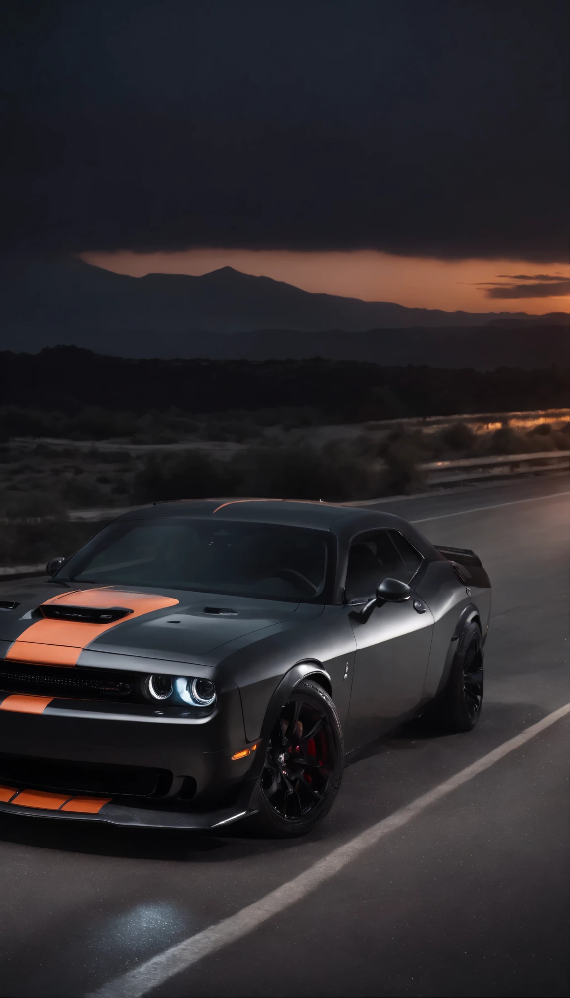 (best quality,4k,highres,masterpiece:1.2),ultra-detailed,(realistic,photorealistic,photo-realistic:1.37),Dodge challenger hellcat detailed car,striking details,glowing headlights,reflective paint,smooth lines,aggressive stance,sleek design,nighttime road,shimmering streetlights,shadowy surroundings,menacing atmosphere,captivating setting,dark sky,moonlit clouds,intense speed,elegant motion,exhilarating experience,racing spirit,powerful performance,vivid colors,deep black,metallic shine,gleaming chrome,fierce expression,high-performance vehicle,futuristic aesthetic,emphasized muscular body,breathtaking presence,showcasing power and strength,energetic visual impact,impressive craftsmanship,engine roaring,hint of mystery.