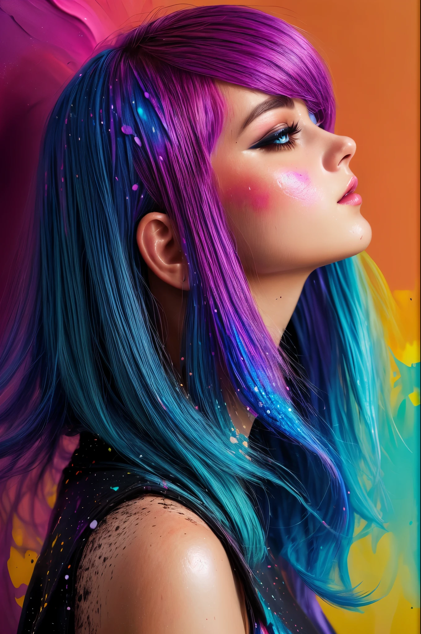 (level difference:1.8),(Paint collides and splatters on the canvas),(Depth of bounds written),1girl's profile blends into it,((profile)),open your mouth,(Liquid Paint Rainbow Hair:1.1) made of paint、defy gravity,thick stream,(paint splatters:1.3),liquid state,amazingly beautiful, masterpiece, detailed background,Super high quality model, fantastic background,abstract beauty, explosive volumetric, oil,heavy stroke,romantic lighting,subsurface scattering,lens 135mm,f1.8,shine,8K,High resolution, dream-like,ray tracing,HDR,god&#39;s rays,
