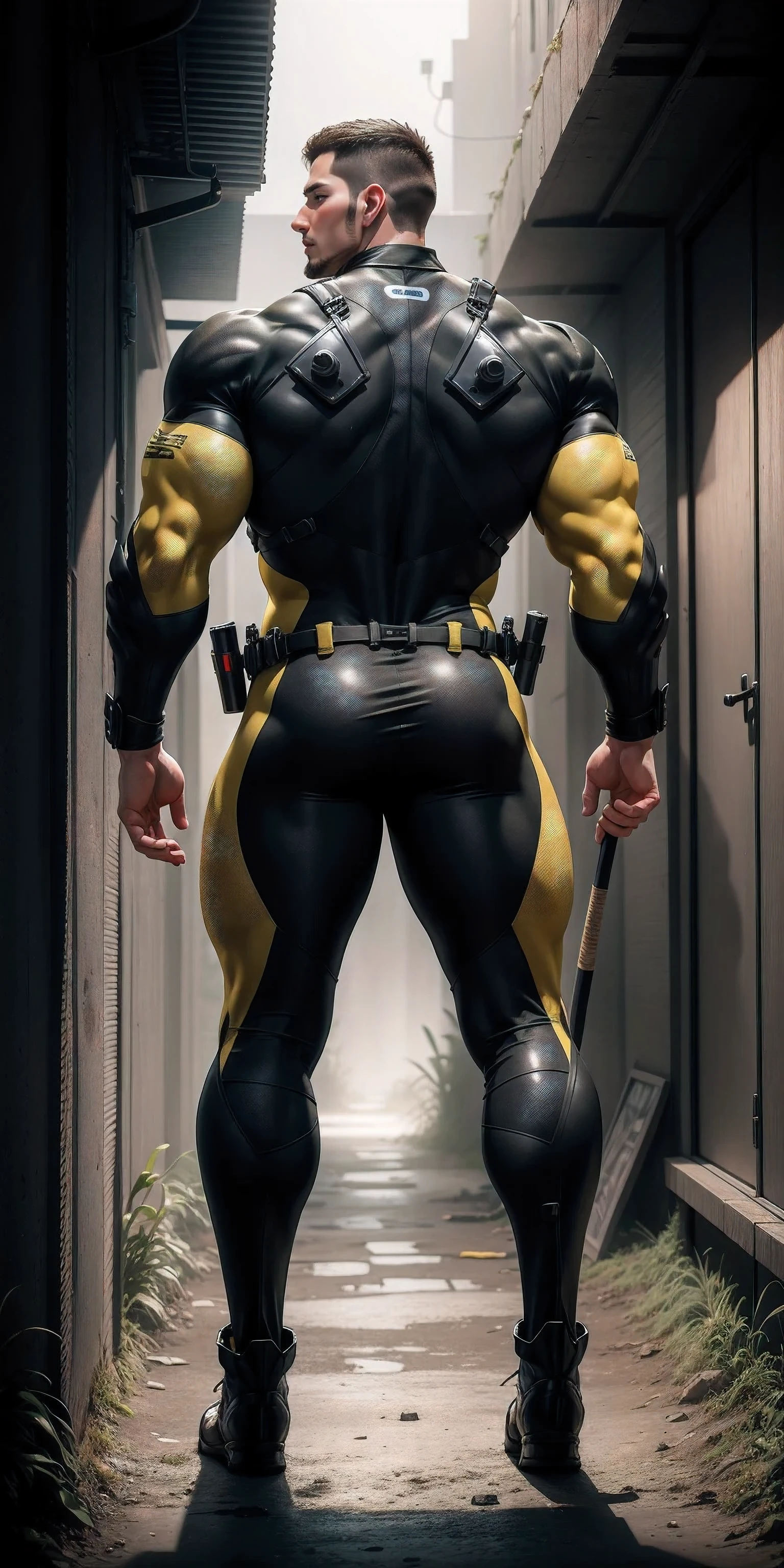 Tall giant muscular police officer back view.,Yellow and gray khaki camouflage wetsuit,Stick to the wall and hug the wall,Straighten your hips,character idea(Resident Evil - chris redfield,chris redfield)senior police officer,身穿Yellow and gray khaki camouflage wetsuit,matte texture,regular symmetrical texture pattern,Standing in the dark sugar cane jungle, The body is wrapped in thick rattan,sad expression,Deep and charming eyes,Emerald Pupil Hero,heroic male pose,高大burly,muscular!Charming leg muscles,High, burly, Heqiang, 身穿Yellow and gray khaki camouflage wetsuit, Super gain and cool, high resolution committee, Big feet in black boots,Charming strong man,The bright sunshine is shining on you,matte particles,shiny texture