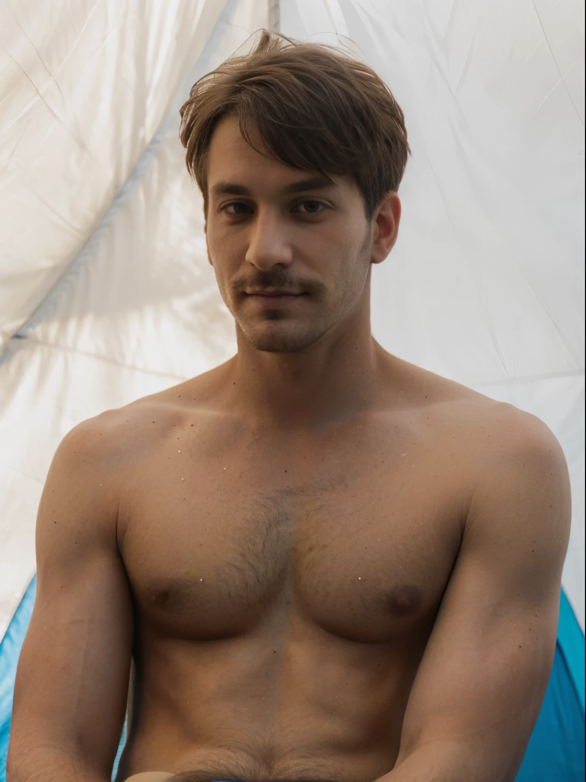 masterpiece, best quality, high resolution, closeup portrait, male focus, solo focus, a man, hiker, 35 years old, bare chest, dimples, pretty face, attractive, cute smirk, short trimmed mustache and goatee, hairy legs, in a tent, in the background a tent, amazing composition, front view, HDR, volumetric lighting, ultra quality, elegant, highly detailed, seductive smirk