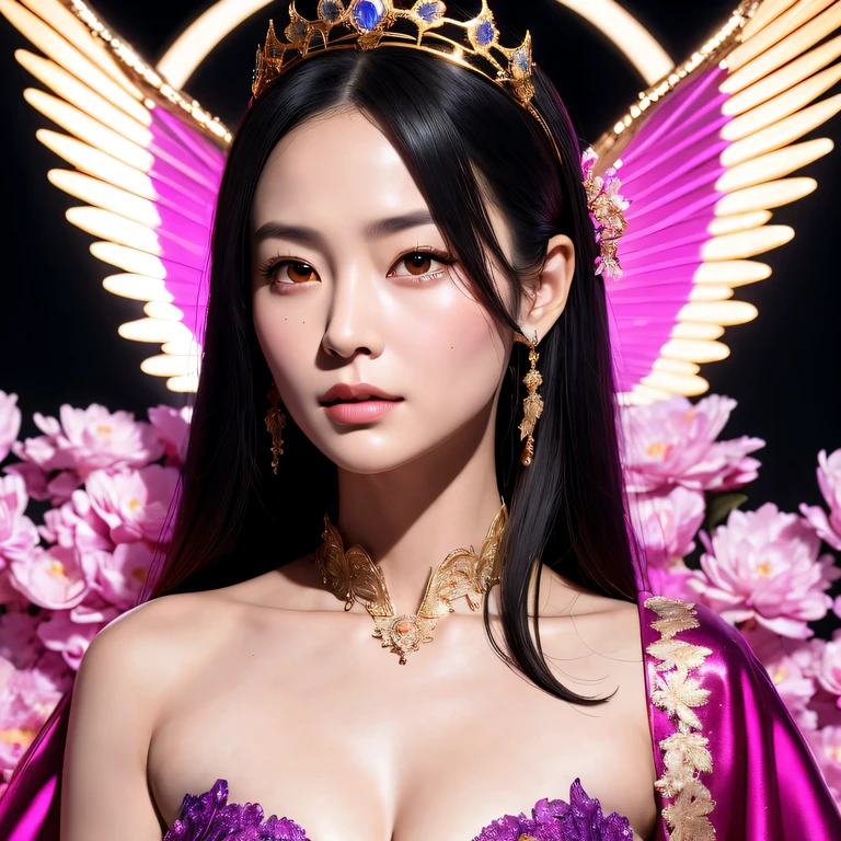 Maillard,32k(masterpiece,HD,超HD,32k)lifelike的年轻凹版偶像,long flowing black hair,BBQ color suit,The king ,golden dragon (lifelike:1.4),Python pattern robe,Purple-pink tiara,petals flying,The background is very pure,Raise your head,pride,The nostrils look at people, high resolution, detail, original photo, Sharp Re, Nikon D850 film photo by Jefferies Lee 4 Kodak Portra 400 camera F1.6 guns, colorful, 超lifelike的生动纹理, dramatic lighting, Unreal Engine Art Station Trend, Sinest 800,Raise your head,pride,The nostrils look at people