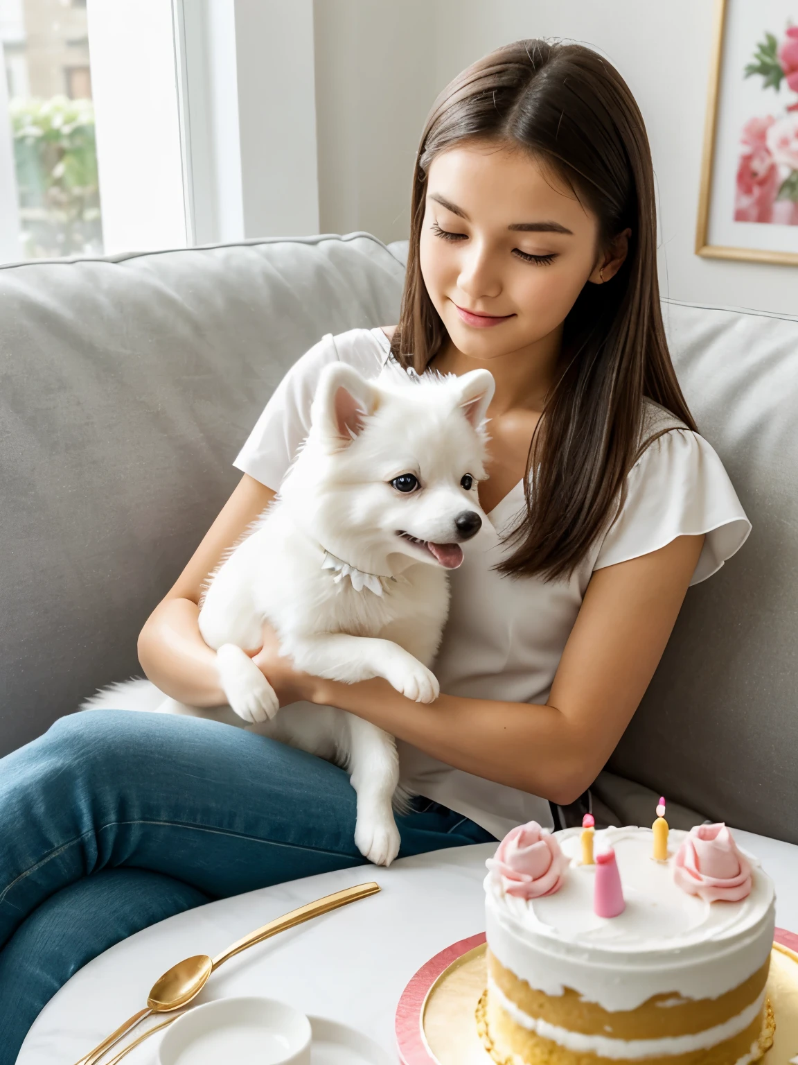Woman sitting on the sofa, And on her lap crawls a small white Pomeranian Spitz., in front of the birthday cake, make a wish on the birthday cake, celebrates his birthday, She is about 16 years old, White skin, delicate facial features