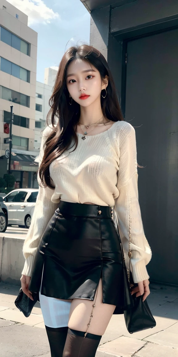 ((masterpiece: 1.4, best quality))+,(ultra detail)+, official art, unity 8k wallpaper, ultra detail, beautiful, high quality, beautiful, masterpiece, best quality, whole body, Melancholy eyes, white theme, Red Jewelry, stud, Black lace flat, asymmetric mini skirt, see-through skirt, There are a lot of races,masterpiece, high quality, 8 thousand, beautiful 조명, 1 Korean girl group idol, alone, Brown eyes, middle_hair, white shirt, ivory sweater , gray silk skirt, outdoors, cowboy shot, looking at viewer, 골든브라운 hair,Colorful earrings, chanel pouch, Gorgeous necklace,