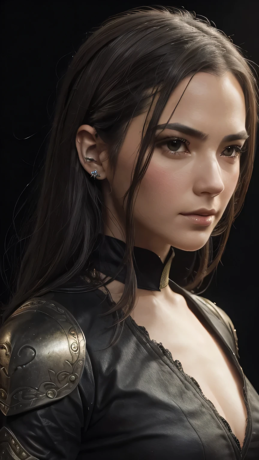 ((black background))､(model shooting style), (Highly detailed CG Unity 8K wallpaper), (world portraits&#39;The most beautiful artwork), (medieval armor), Professional majestic oil painting by Ed Blinky, liver gailan, Studio Ghibli, Author Jeremy Mann, Greg Mantis, Antonio Moro, Trends in Artstation, trending on cgsociety, Complex, high detail, sharp focus, dramatic, Realistic Painting Art by Midjourney and Greg Rutkowski､masterpiece, 最high quality, high quality, High resolution､(close up of face), ((black background))