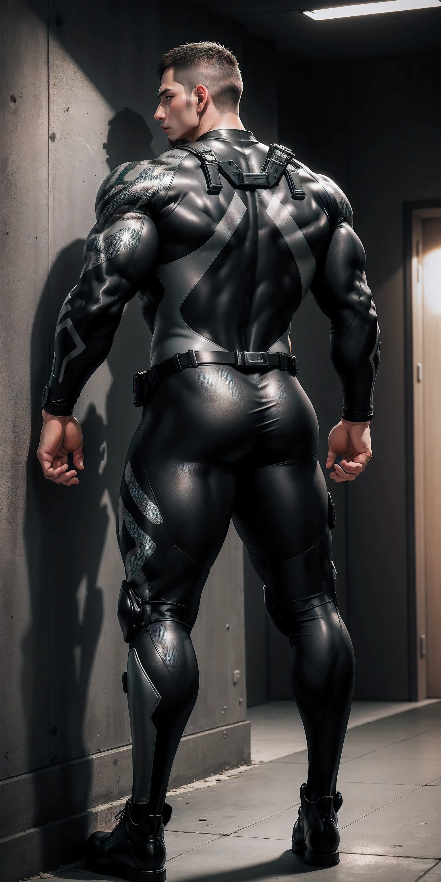 Tall giant muscular police officer back view.，Silver gray khaki camouflage wetsuit，Stick to the wall and hug the wall，Straighten your hips，character idea（Resident Evil - chris redfield，chris redfield）senior police officer，身穿Silver gray khaki camouflage wetsuit，matte texture，regular symmetrical texture pattern，Standing in the dark sugar cane jungle, The body is wrapped in thick rattan，sad expression，Deep and charming eyes，Emerald Pupil Hero，heroic male pose，高大burly，muscular！Charming leg muscles，High, burly, Heqiang， 身穿Silver gray khaki camouflage wetsuit， Super gain and cool， high resolution committee， Big feet in black boots，Charming strong man，The bright sunshine is shining on you，matte particles，shiny texture