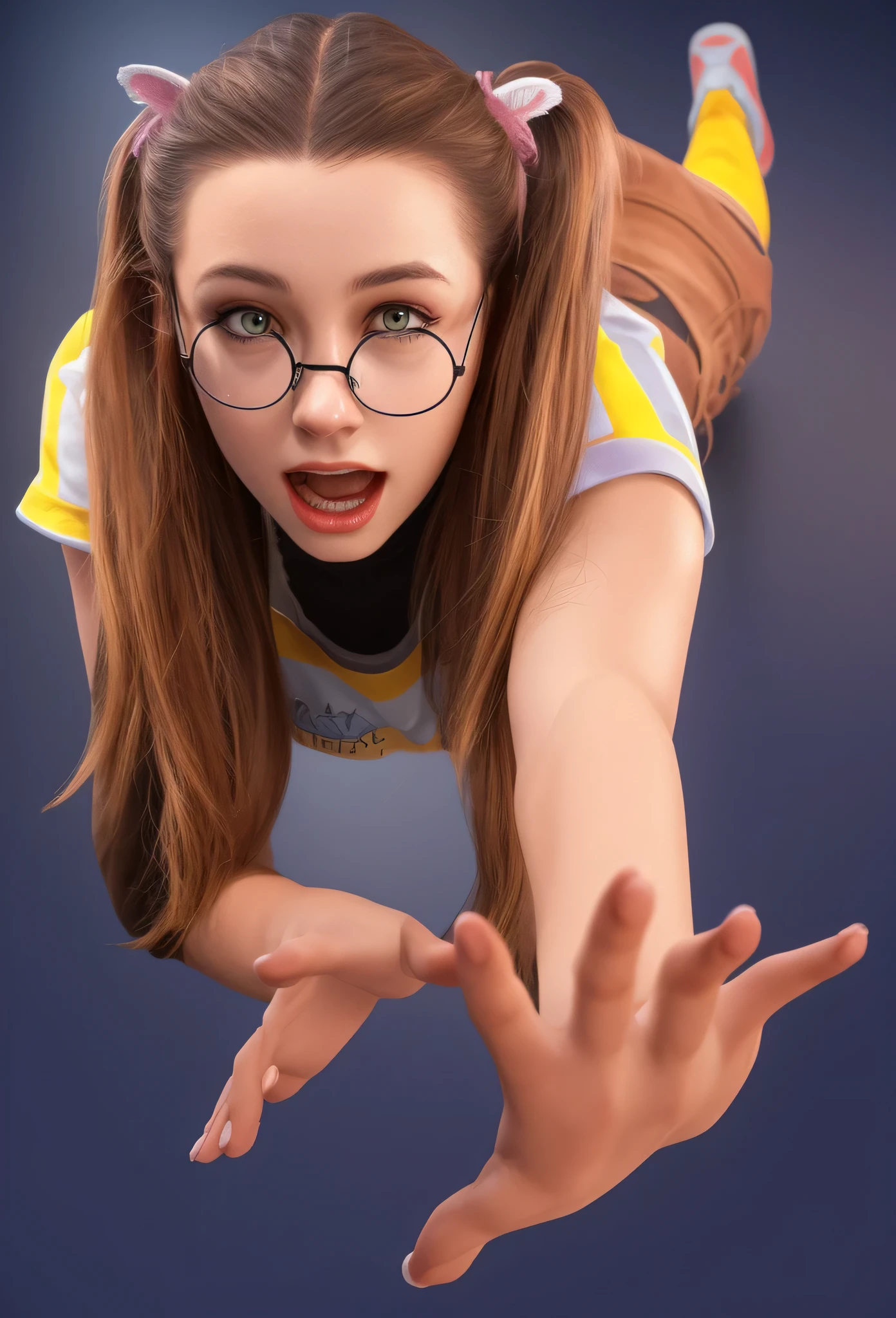 girl with long brown ponytails, in a bright shirt and glasses, Holds out his hands. She has a scared look on her face, Perfect, smooth skin.  with long brown hair and glasses. GLOSSY TEXTURE, smooth 3d model, Multiple light sources, rim light, sharp rendering of post-effects, (Glossy metal texture with many large refractions of light probes), perfect CG, Anthropomorphic cat, Digital art, detailed Digital art, specular, Best quality, 4K, masterpiece:1.2, ultra detailed, Realistic, bright colors, dark and moody lighting, highest quality image, ensuring every detail is showcased perfectly. It in 4K resolution, allowing viewers to be immersed in the richness of colors and intricate details. The Realistic rendering. in the spotlight, specular, High-resolution image, Realistic rendering, dark background, and rim light