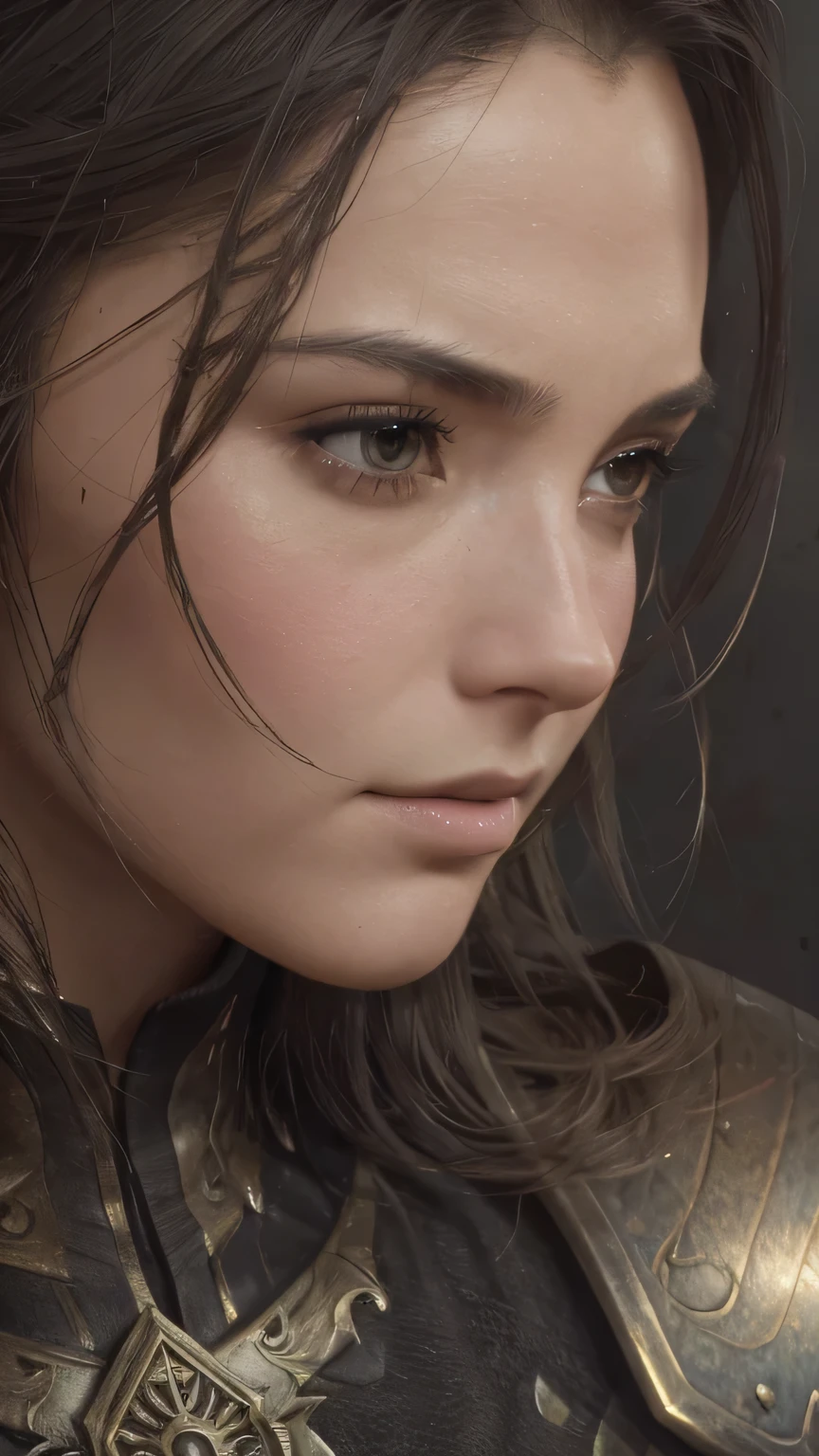 (model shooting style), (Highly detailed CG Unity 8K wallpaper), (world portraits'The most beautiful artwork), (medieval armor), Professional majestic oil painting by Ed Blinky, liver gailan, Studio Ghibli, Author Jeremy Mann, Greg Mantis, Antonio Moro, Trends in Artstation, trending on cgsociety, Complex, high detail, sharp focus, dramatic, Realistic Painting Art by Midjourney and Greg Rutkowski、masterpiece, 最high quality, high quality, High resolution、(close up of face), ((black background))