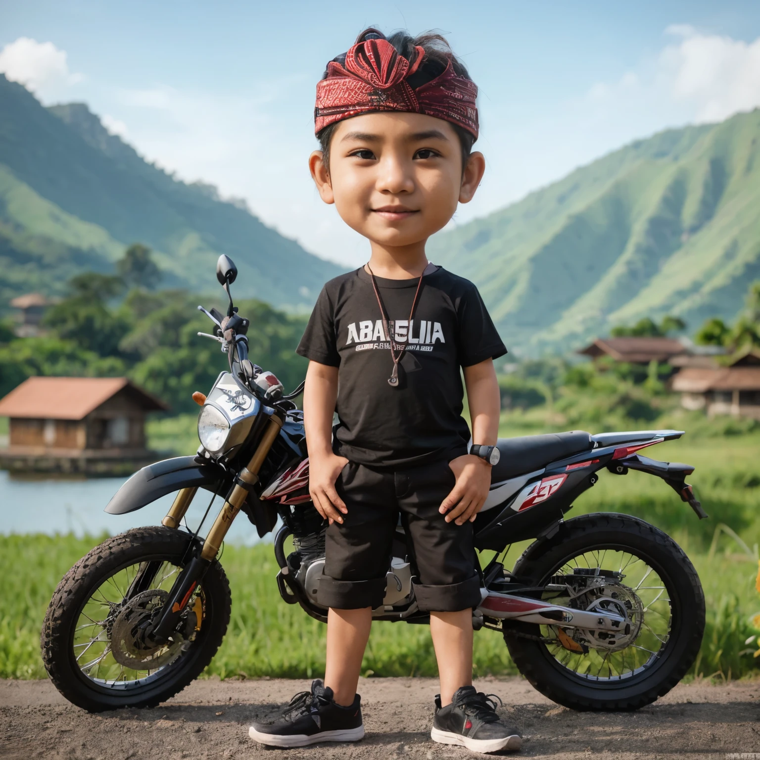 karikatur realistis lelaki indonesia berusia 34 tahun, bertubuh agak berisi, memakai udeng bali, memakai kaos hitam bertuliskan "ABIL ELEA", celana pendek hitam, memakai sepatu hitam , sedang berdiri disamping motor trail berwarna hitam merah, tangan kanan memegang stang motor, tampak background pemandangan gunung yang asri, tampak depan, cool, 4k, detail best fotografer