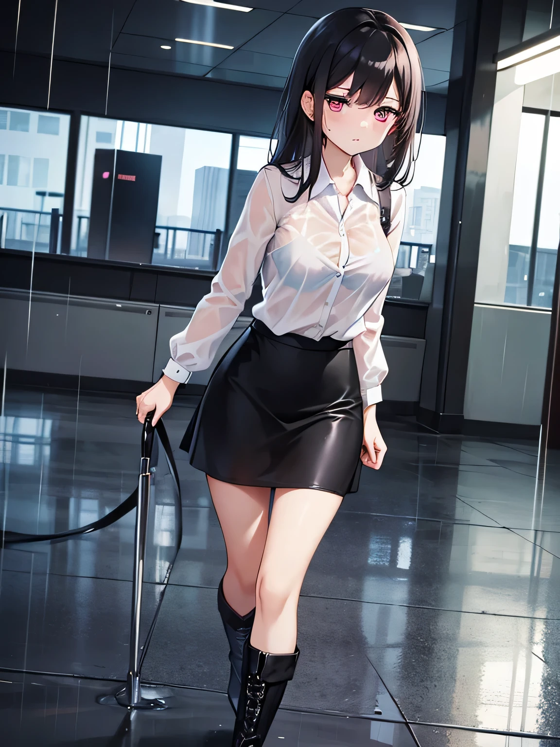 (1) A woman is walking in the rain, her blouse is wet、The pink bra is visible.
(2) Women are wearing white shirts and blouses, black skirt and long black boots.
(3) that woman has long black hair.
(4) The woman looks worried.
(5) The location is an office district at night..