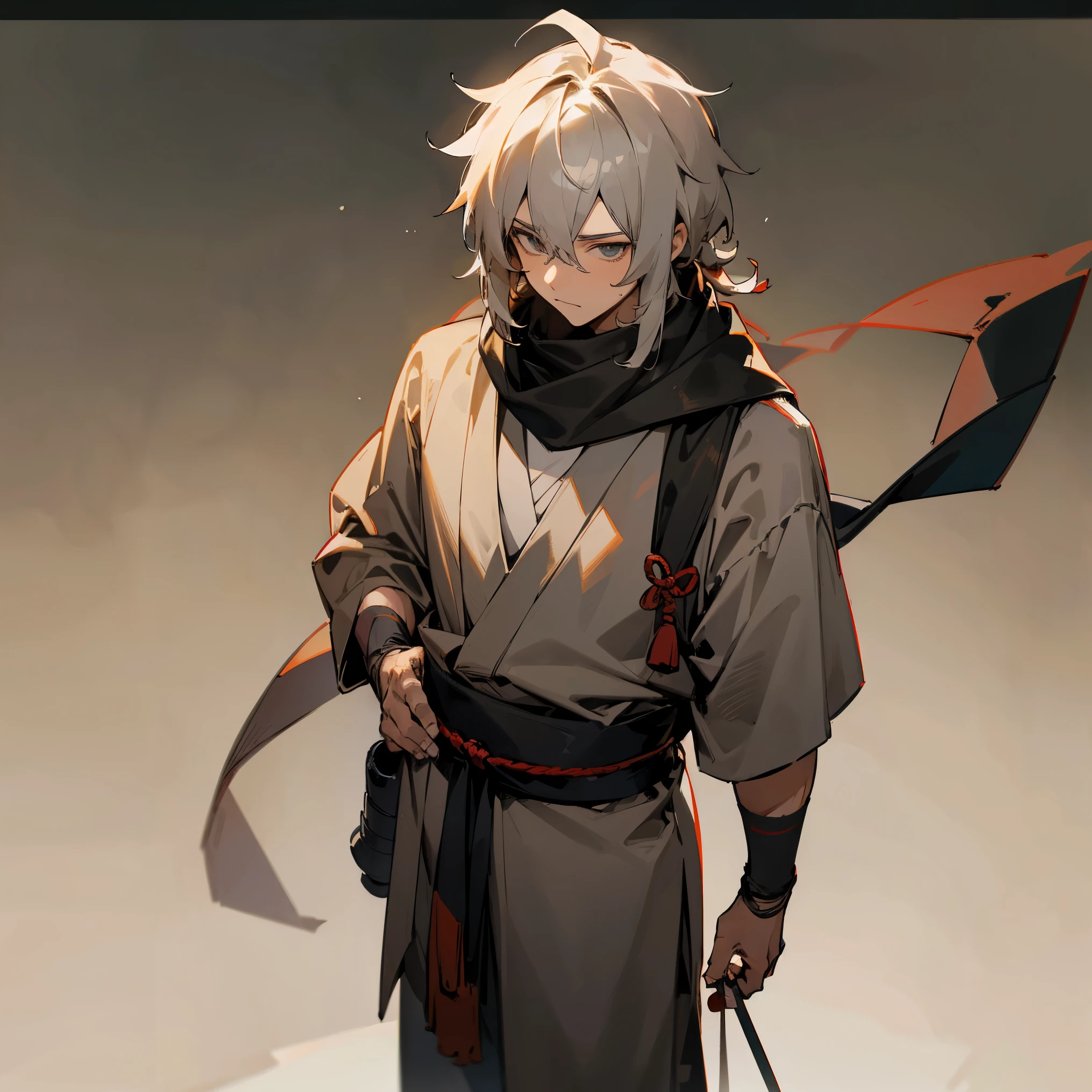 1male , Shaggy Hair , Hair Pulled into a Backnot , Medium Length Hair , Grey Scarf , Fitted Clothing , Ninja Clothing , Japanese Village Background , Standing on path , Adult Male 