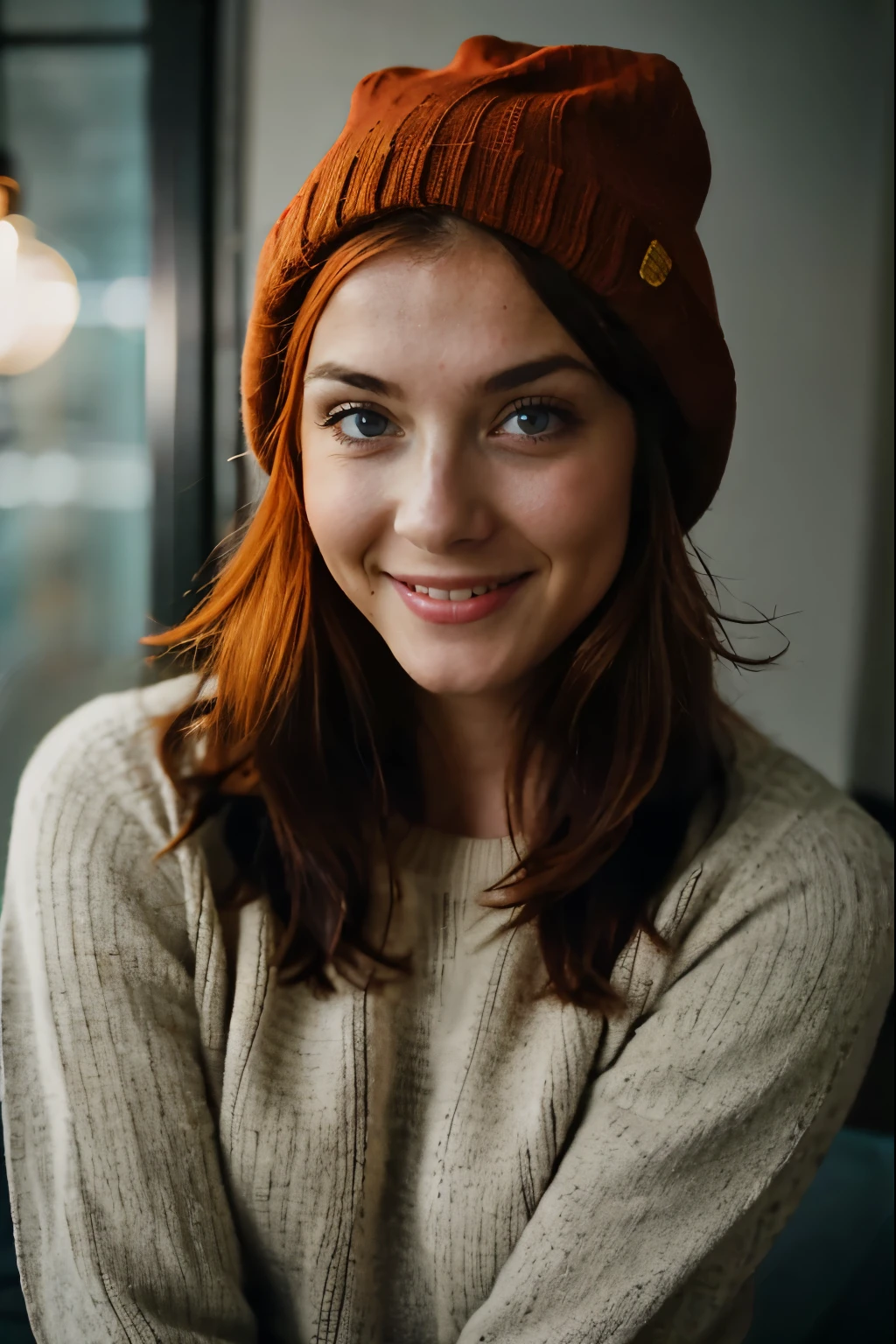 photograph, photo of beautiful woman, selfie, upper body, solo, red hair, wearing pullover, indoors, (night), real life, cheerful, happy, gloves, sweater, beanie, looking at viewer, skin texture, photo grain, close up, RAW photo