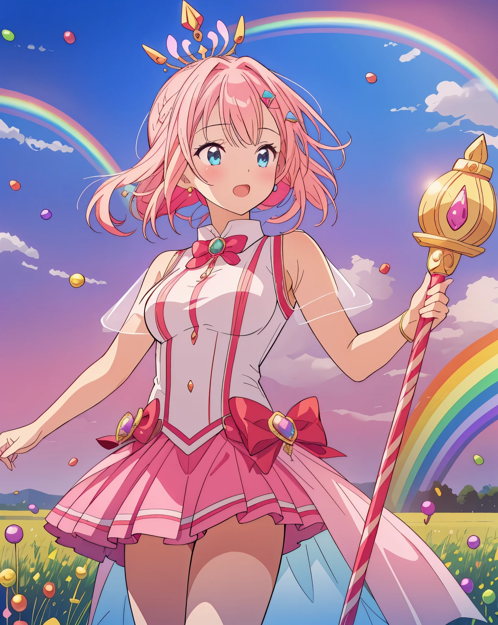 sceptre, lots of candy, Gumdrops, candycanes, a rainbow, candy, (a field of candy), 1 girl, sugar queen, pink skirt, a Sceptor of candy，Two dimensions，comics，Beauty，HD，Perfect，detail，8k