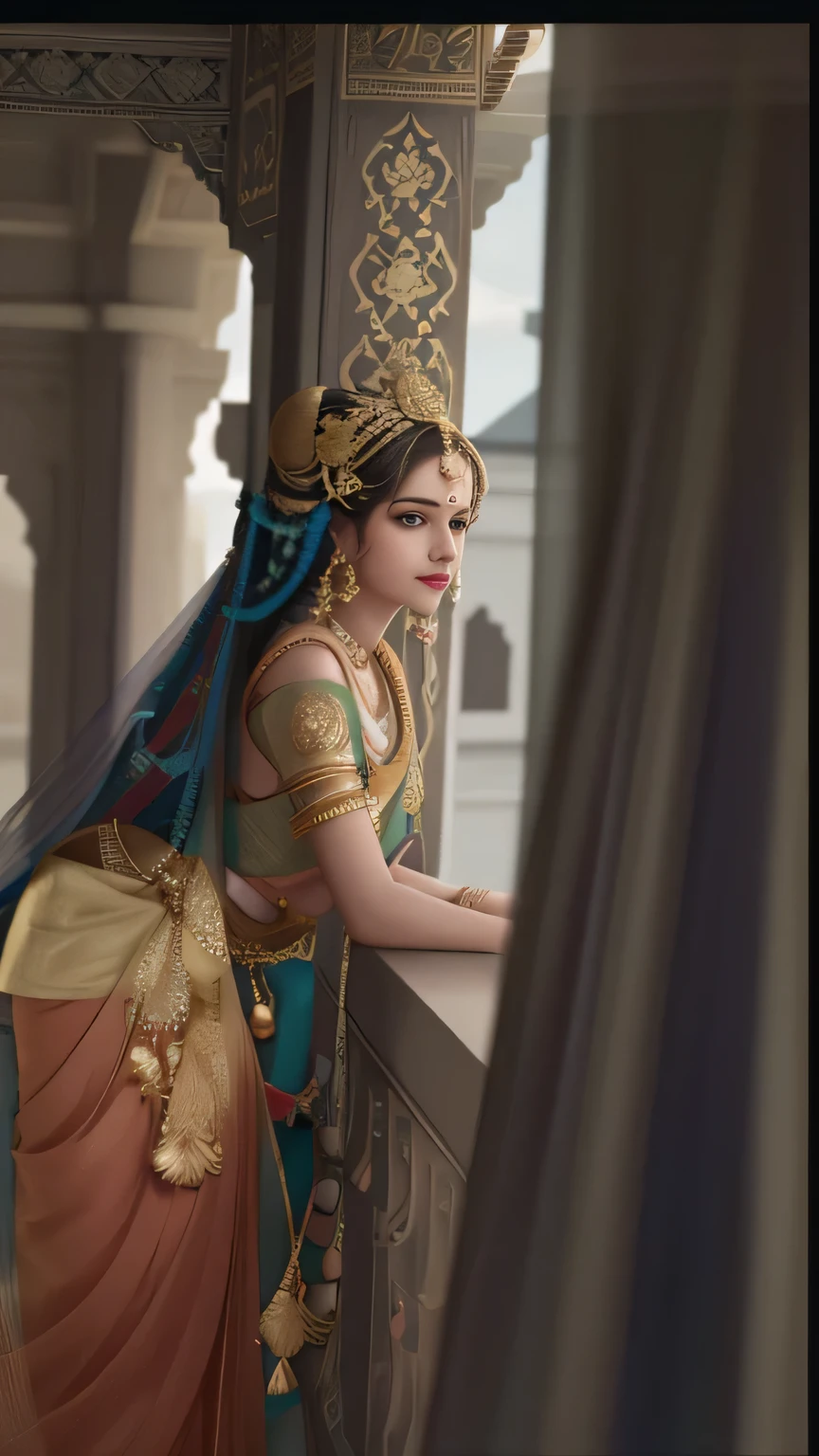 arafed woman in a sari and headpiece leaning on a balcony, traditional beauty, cinematic goddess shot, portrait shot, mid shot portrait, inspired by Raja Ravi Varma, matte painting portrait shot, taken with canon 5d mk4, cinematic goddess close shot, photo taken with nikon d 7 5 0, photo taken with nikon d750, of indian princess