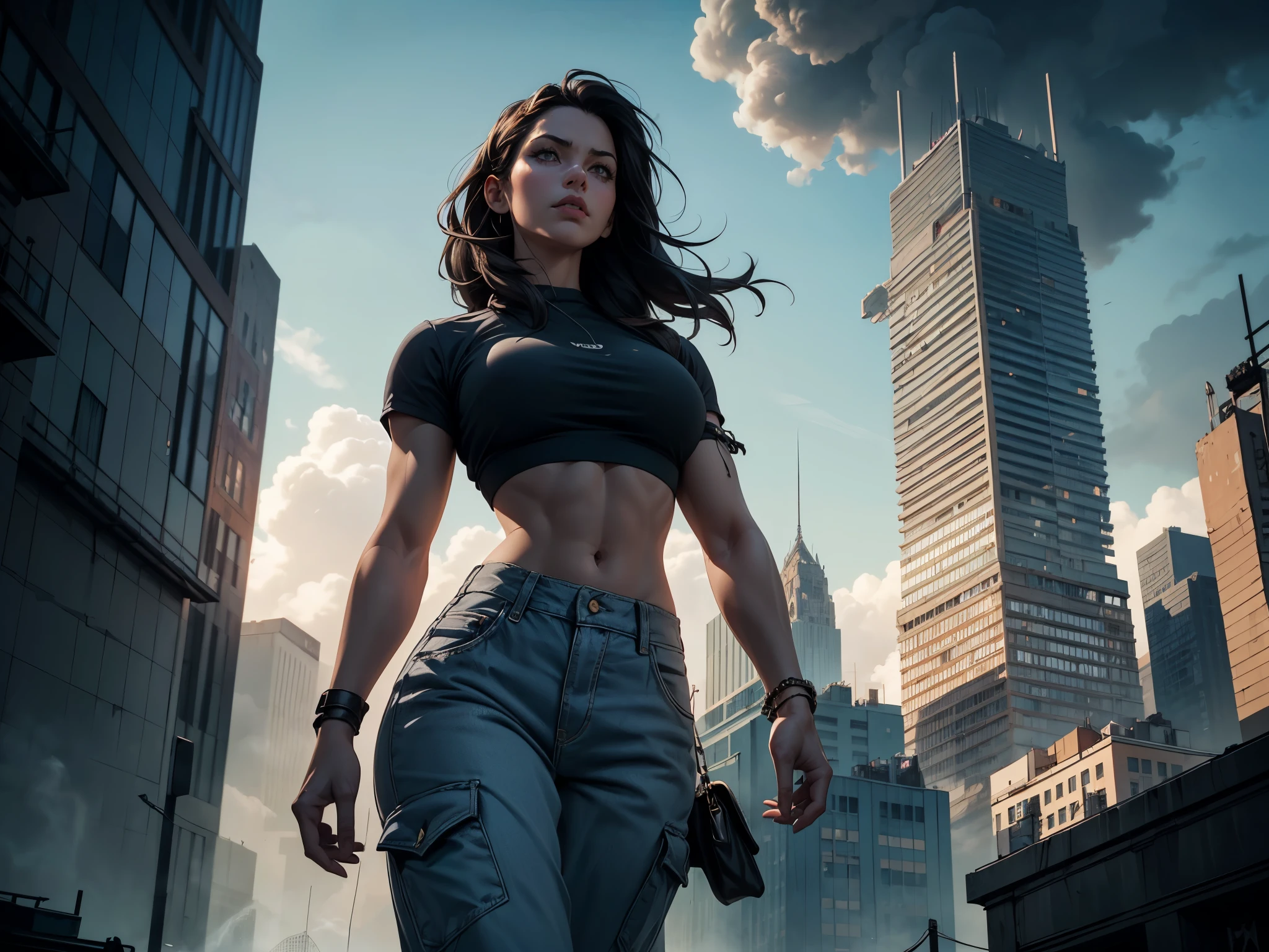 amala paul, "A towering Giantess in a cool and laid-back hippie style is rocking a crop top and baggy pants. Her toned and athletic build hints at her massive strength. She seems to be casually strolling through the bustling cityscape of GTS City, as towering buildings loom overhead. Smoke and clouds roil around her, adding to the sense of epic scale and drama. The lighting is dark, gloomy, and realistic, creating a tense and ominous atmosphere. The perspective is from below, emphasizing the sheer majesty and power of the Giantess."