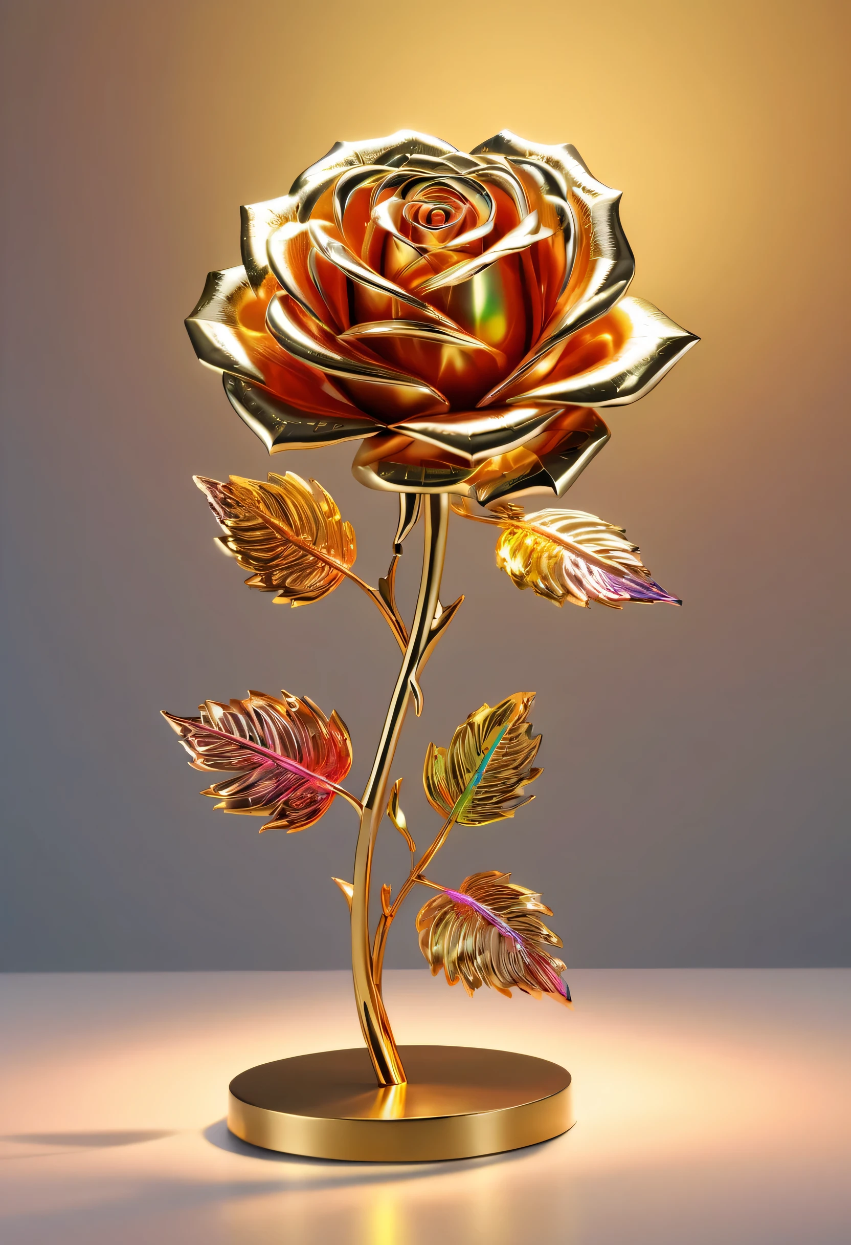 A single, Eye-catching rose made of bright silver metal, The delicately crafted petals are extremely detailed, showing actual texture and bends, Replicate the physical properties of real-life flowers with extremely high accuracy, Its overall design reflects the voxel art style, Laser style gives it a high-tech feel, futuristic appeal, The stems and leaves also feature a matching metallic finish, Rose blooms with spectacular laser beams, light interacts with metal petals, Create an impressive rainbow-hued light show, Lighting effects make the sculpture eye-catching, The whole picture exudes a cold and romantic atmosphere in a metallic style., (best quality,4K,8k,high resolution,masterpiece:1.2),Super detailed,(actual,photoactual,photo-actual:1.37),studio lighting,Ultra-fine painting
