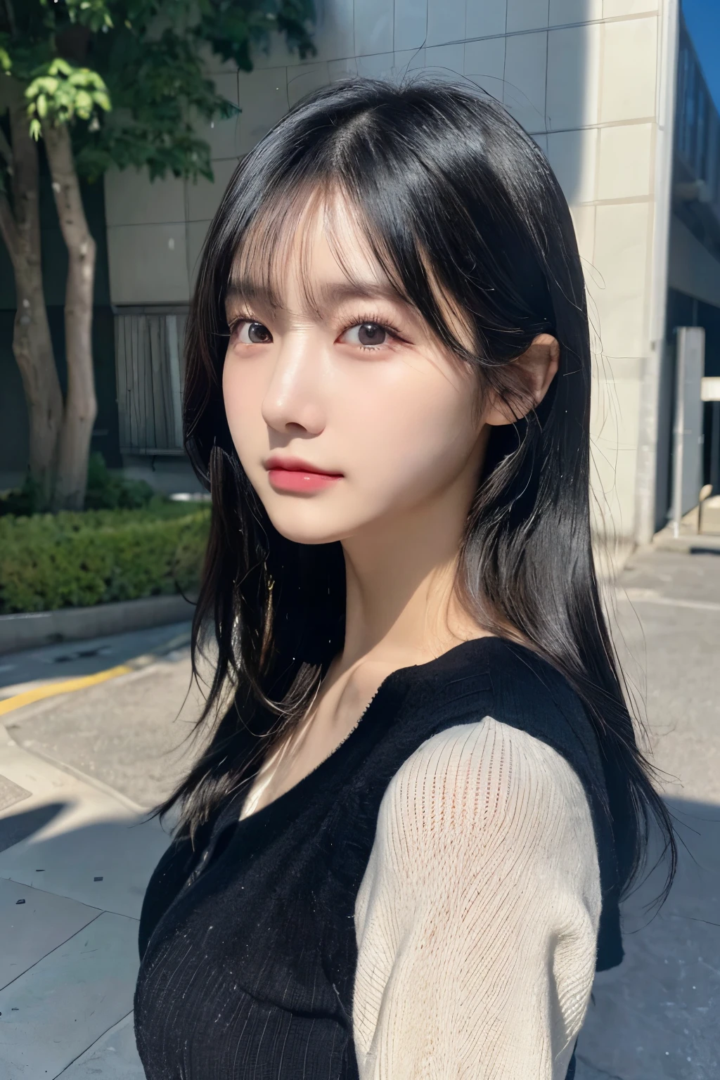 (black sweater)、(highest quality,masterpiece:1.3,Super high resolution,),(super detailed,caustics),(photorealistic:1.4,RAW shooting,)ultra-realistic capture,very detailed,High resolution 16K resolution for human skin、 Natural skin texture、、Skin looks even-toned and healthy、 Use natural light and color,one woman,Japanese,,cute,black haired,middle hair,(Depth of bounds written、chromatic aberration、、wide range of lighting、natural shading、)、(long hair swaying in the wind)、Concrete background、Top margin、Hair with uniform shape on both sides、profile、Skin texture similar to that of humans