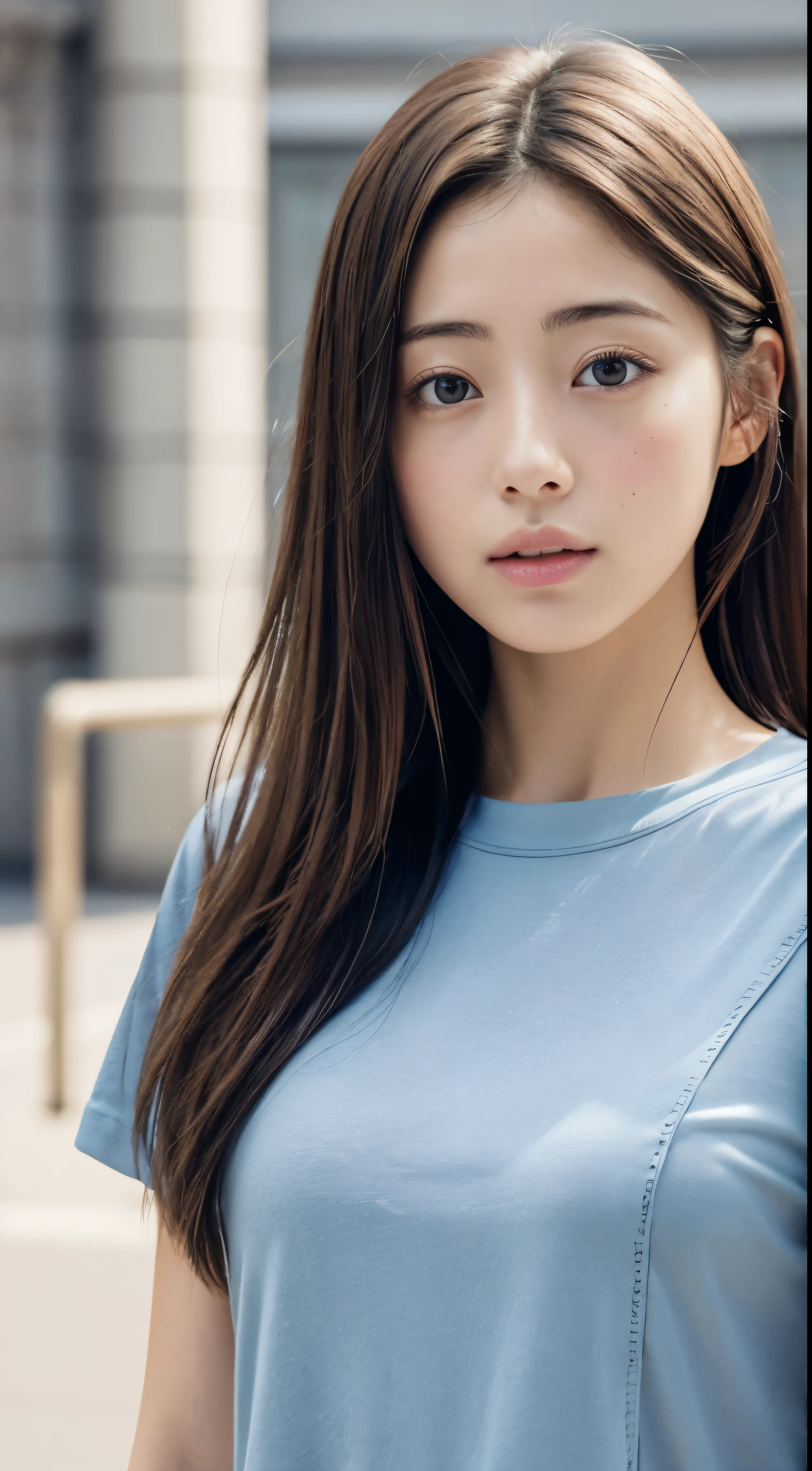 dress、(photorealistic:1.4)、(hyper realistic:1.4)、(realistic:1.3)、(smooth lighting:1.05)、(映画の照明Improvement of quality:0.9)、32K、1 girl、20 year old girl、realistic lighting、Backlight、facial light、ray tracing、(brighter light:1.2)、(Improvement of quality:1.4)、(Highest quality realistic textured skins:1.4)、fine eyes、detailed face、fine eyes、(tired, sleepy and satisfied:0.0)、 close up of face、T-shirt、(Enhances the mood of your body line:1.1)、(Enhances the beauty of skin texture:1.1)、((satomi ishihara))、Long hair with a uniform shape on the left and right、Concrete background