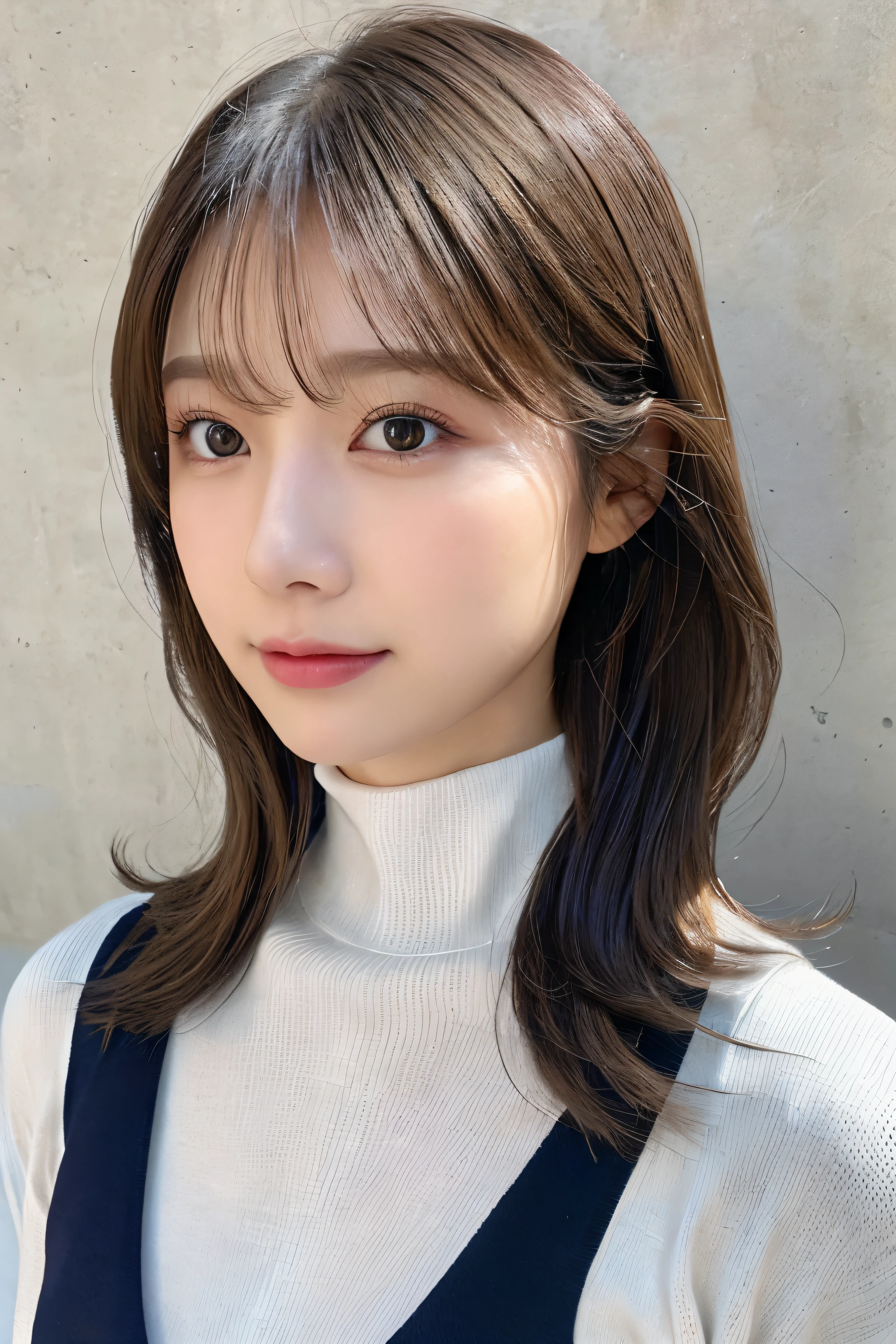 (White Turtleneck Knitwear)、(highest quality,masterpiece:1.3,Super high resolution,),(super detailed,caustics),(Photoreal:1.4,RAW shooting,)ultra-realistic capture,very detailed,High resolution 16K resolution for human skin、 Natural skin texture、、Skin looks even-toned and healthy、 Use natural light and color,one woman,Japanese,,cute,black haired,middle hair,(Depth of bounds written、chromatic aberration、、wide range of lighting、natural shading、)、(hair swaying in the wind)、Concrete background、Top margin、Hair with uniform shape on both sides