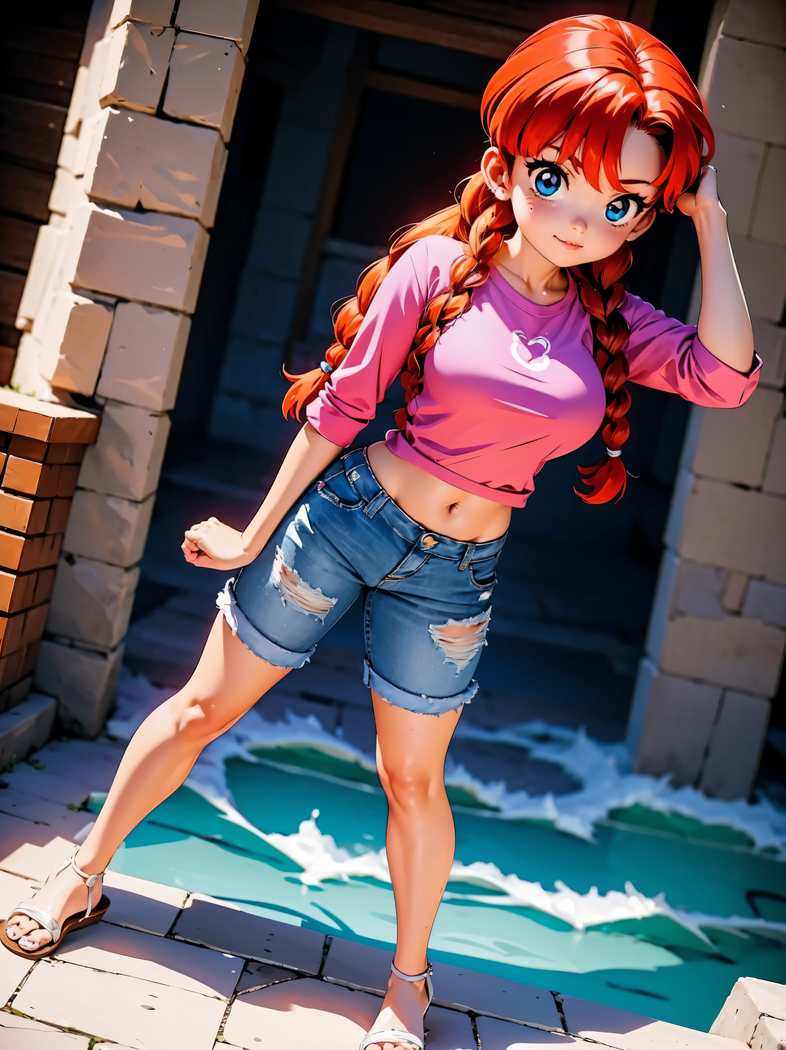 Garota anime ruiva com short jeans azul blusa rosa pink, 16 anos, corpo bonito, seios grandes, with your hands behind your head, running your hands through your hair, garota sexy, red hair with braid, gorgeous lighting, sombras suaves, olhos azuis, pernas bonitas, hair with braid, estilo anime, Ranma Chan, Autora Rumiko Takahashi, Baseado em obra de Rumiko Takahashi, Anime Ranma 1/ 2, decote sexy, quadril robusto, corpo inteiro, corpo completo, busto grande, garota jovem com corpo belo e bonito, sandals on the feet, garota 16 anos jovem baixa estatura, vestindo short jeans azul e blusa rosa pink lindo, garota anime, estilo anime, beautiful feet in sandals((melhor qualidade)), ((obra de arte)), (detalhado), rosto perfeito, busto seios muito grandes