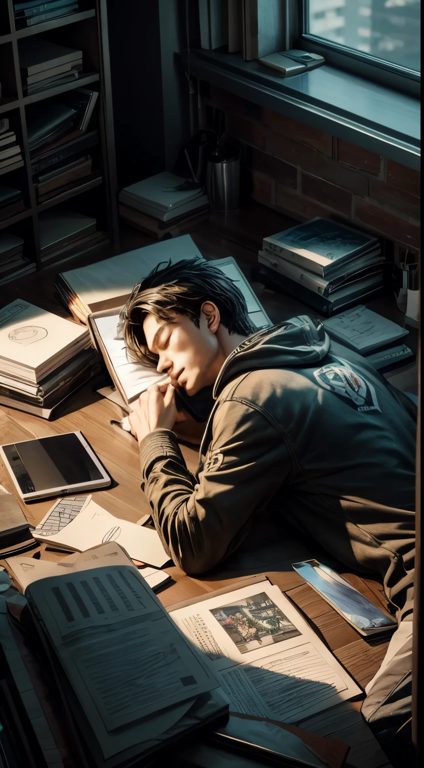 young animator or manga creator after extra working hours lying on their back ,anime figures coming alive,full body view, room view,dramatic eyes,in comfortable clothing, scattered books, pile of papers, tablets,drawings,gadgets,tired, exhausted, funny,goofy,young man, closed eyes,windows, high shot,birds view, middle age,high resolution, cyberpunk,modern clothing, handsome face, neat hairstyle,8k, masterpiece, best of quality,windows,desk 