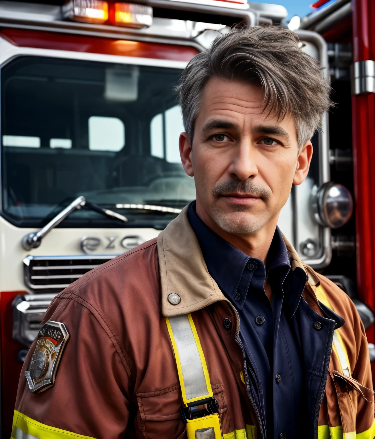 masterpiece, best quality, high resolution, closeup portrait, male focus, solo focus, A man, 50 years old, with firefighter uniform, firefighter suit, firefighter, silver grey hair, messy hairstyle, cute and seductive face, bare chest, body hair, facial hair, roman nose, very skinny body, hairy legs, dimples, beard, bold jawline , in the background a fire station,  view from below, amazing composition, front view, HDR, ultra quality, elegant, highly detailed