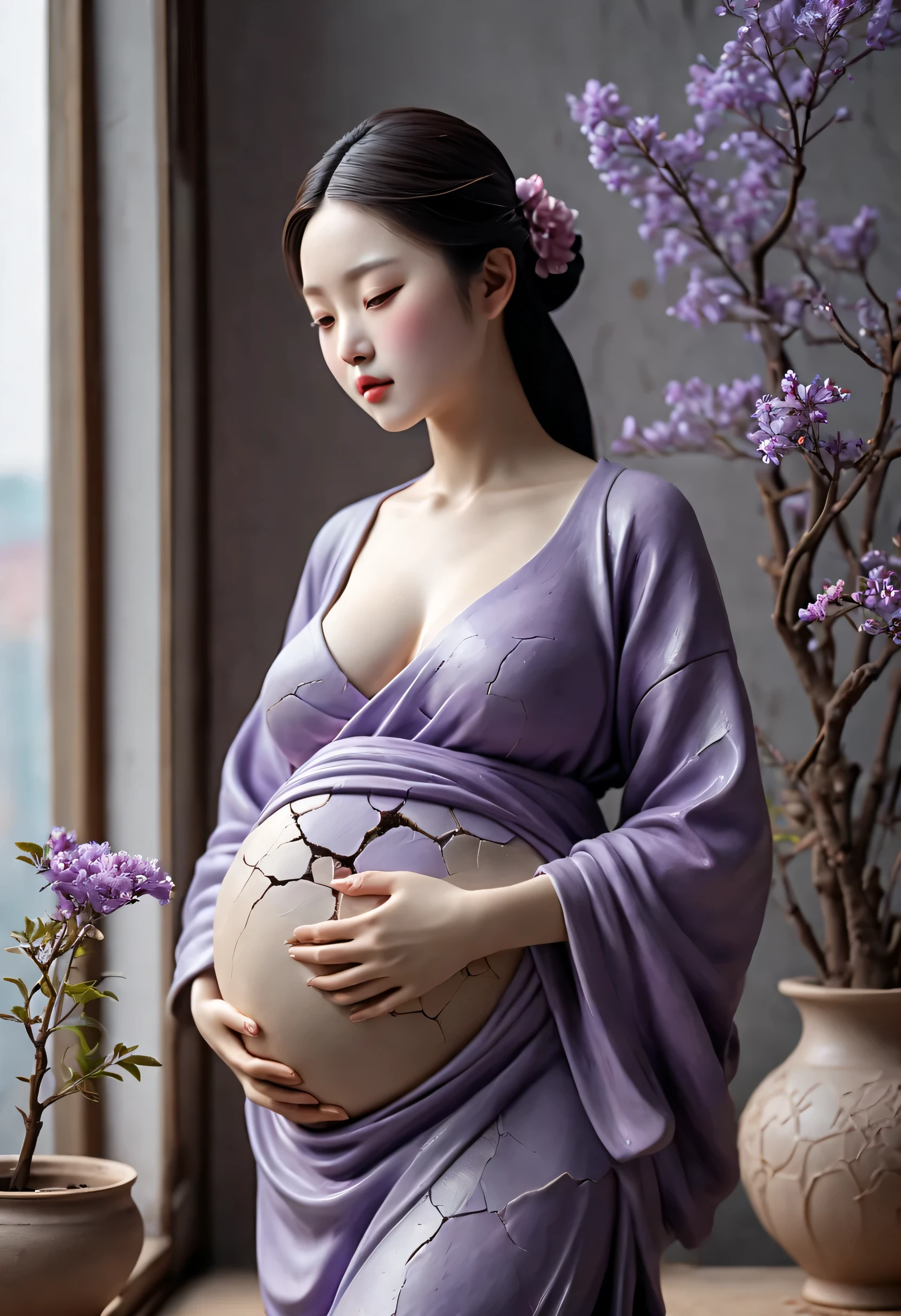 （best quality，4K，8k，high-rise building，masterpiece：1.2），Super fine，（lifelike，actual，照片lifelike：1.37），purple，Stoneware，clay sculpture：1.37，Elegant pregnant woman made of pottery，worn-out clothing，Ceramic vase，sculpture，shattered，Flowers grow from the hole in the belly，Cracks on the belly，round belly，错综复杂的细节sculpture，Abdominal slit，Delicate flowers bloom from the cracks，ice fractures，Sublime artistry，pastel color palette，soft light

