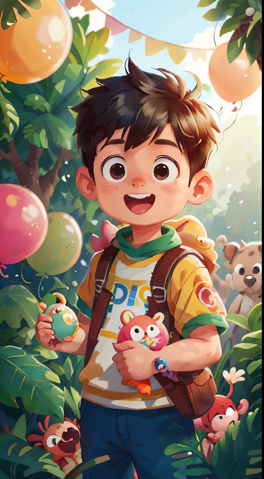 A boy, zoo, many balloons, happy, happy, perfect quality, clear focus (clutter - home: 0.8), (masterpiece: 1.2) (realistic: 1.2) (bokeh) (best quality) (detailed skin: 1.3) (intricate details) (8K) (detail eyes) (sharp focus), (happy)