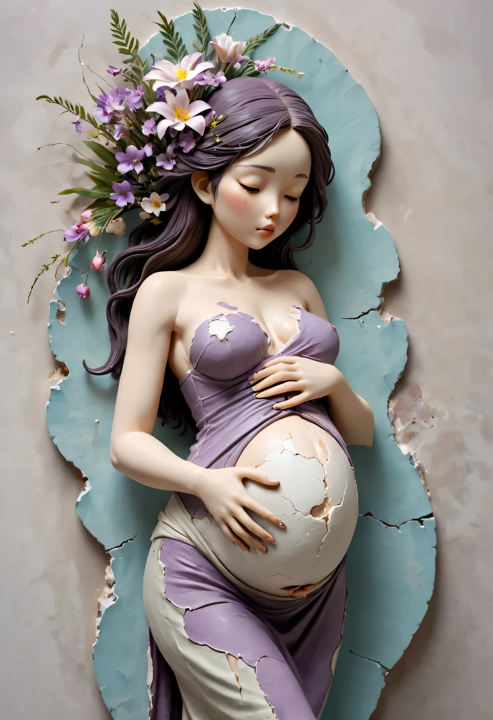 Purple，stoneware，clay sculpture：1.37，Elegant pregnant woman made of ceramics，tattered clothes，Ceramic vase，sculpture，shattered，Flowers grow from the hole in my belly，There are palm prints on the baby&#39;s belly，Cracks on the belly，round belly，细节复杂的sculpture，fine texture，Cracks on the belly，Delicate flowers grow from the cracks，Tactile surfaces，ice crack&#39;Sublime artistry，pastel color palette，soft light