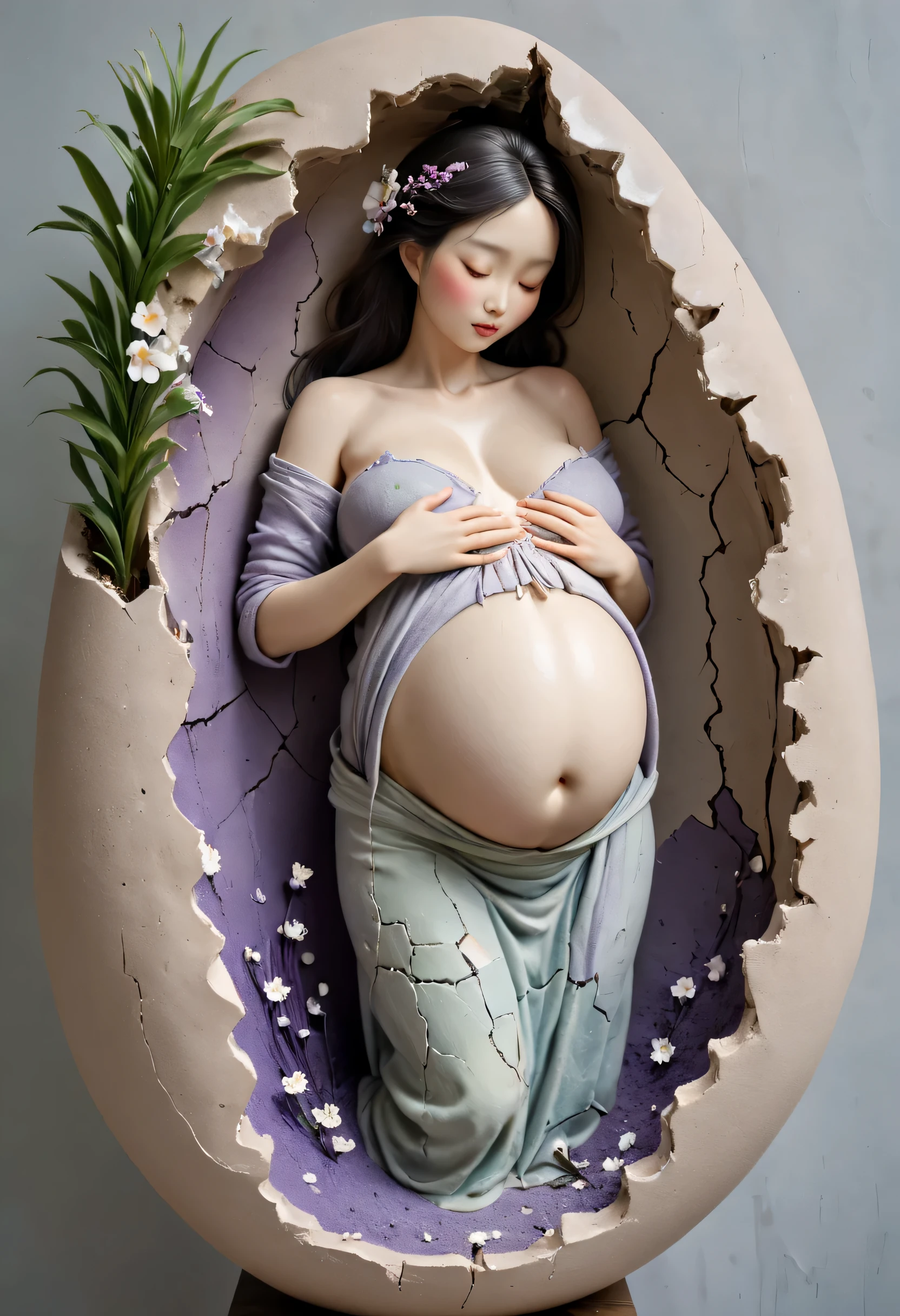 Purple,stoneware,clay sculpture:1.37,elegant pregnant woman,tattered clothes,Ceramic vase,sculpture,shattered,Flowers grow from the hole in my belly,There are palm prints on the baby's belly,Cracks on the belly,round belly,细节复杂的sculpture,fine texture,Cracks on the belly,Delicate flowers grow from the cracks,Tactile surfaces,ice crack'Sublime artistry,pastel color palette,soft light