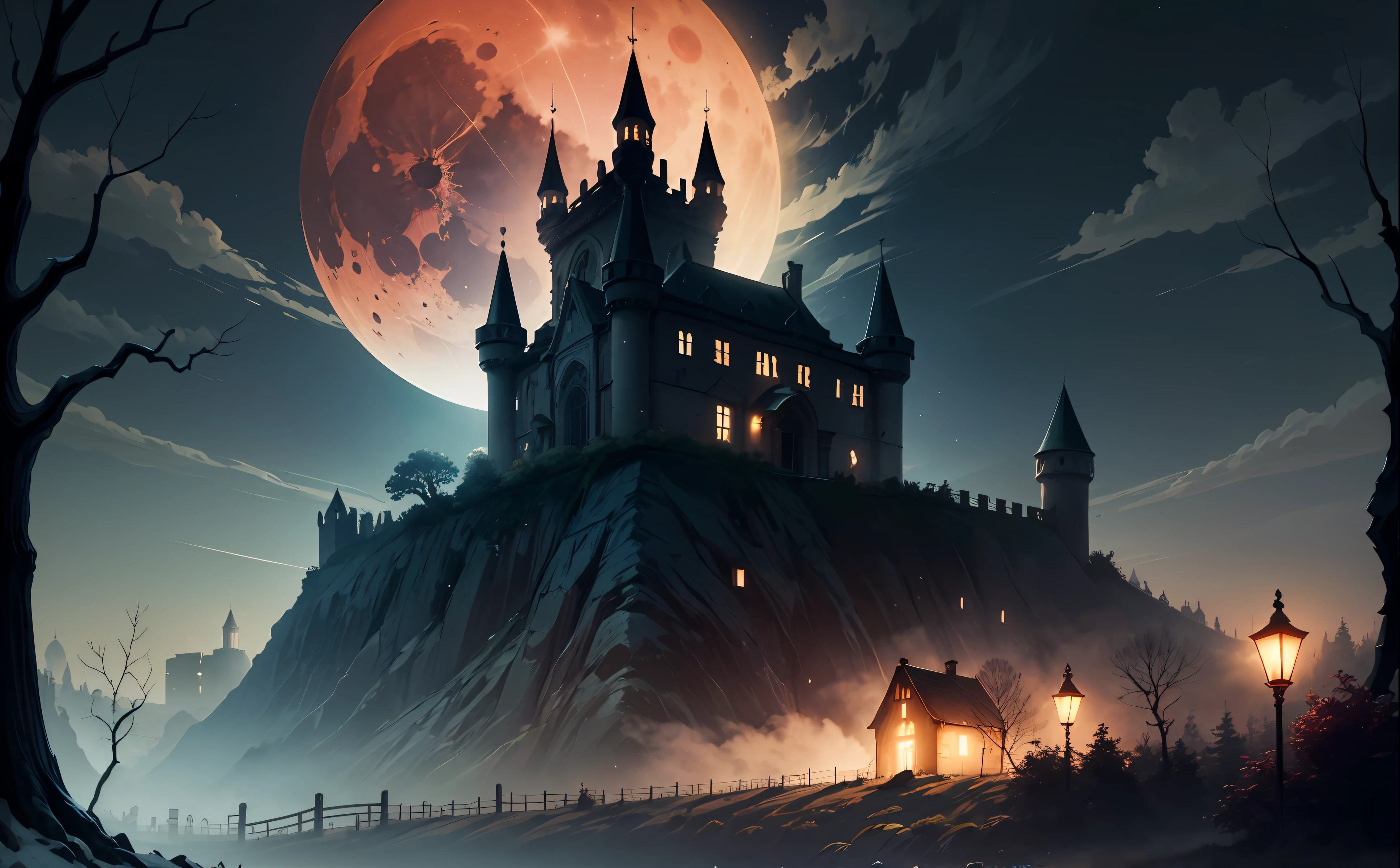 ruined castle,noite,Lua vermelho-sangue,Galhos mortos em primeiro plano,Barren meadows,um,A black mist hangs over the castle,Fuel lamps,cemetery,cruzes