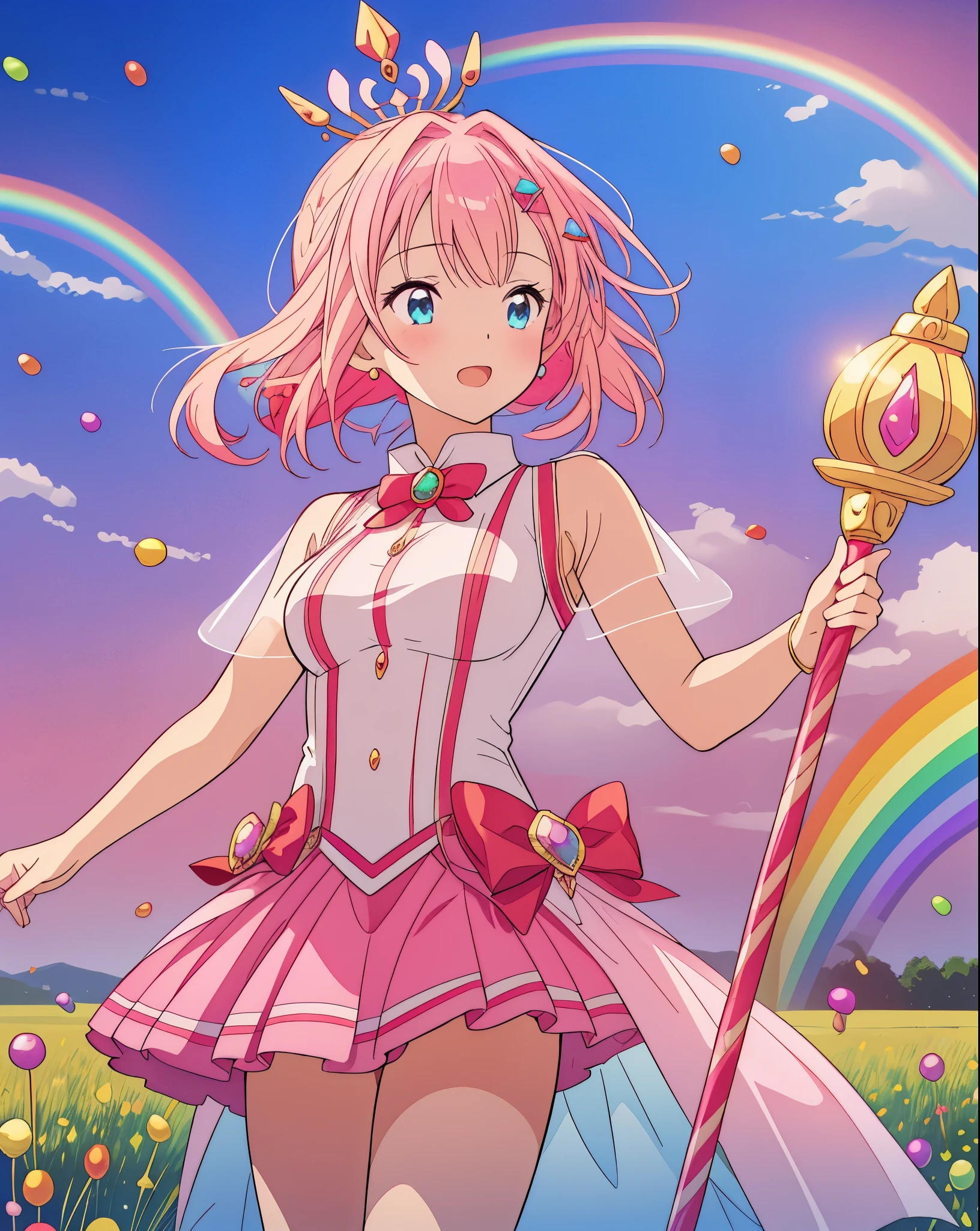 sceptre, lots of candy, Gumdrops, candycanes, a rainbow, candy, (a field of candy), 1 girl, sugar queen, pink skirt, a Sceptor of candy，Two dimensions，comics，Beauty