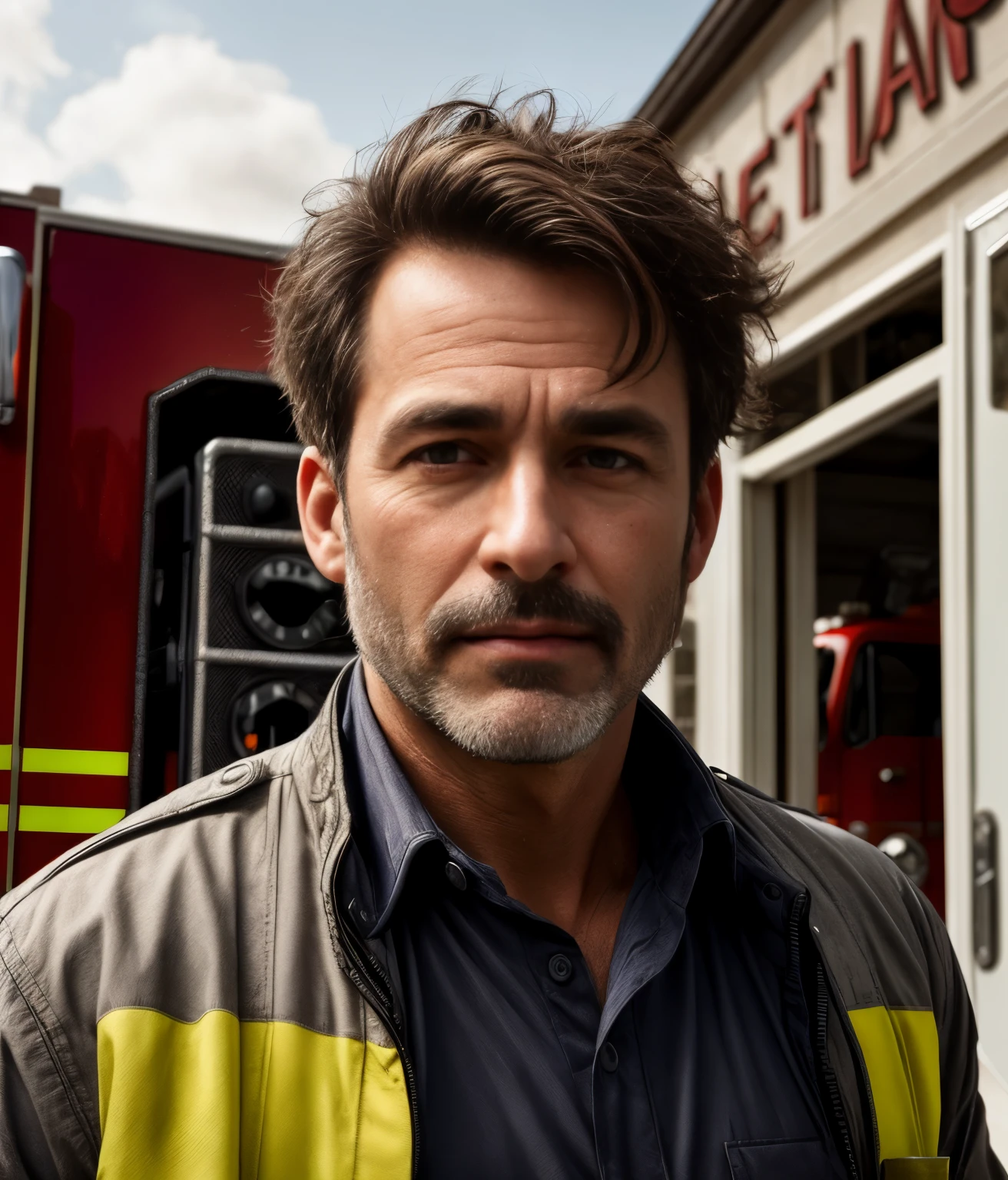 masterpiece, best quality, high resolution, closeup portrait, male focus, solo focus, A man, 50 years old, with firefighter uniform, firefighter suit, firefighter, silver grey hair, messy hairstyle, cute and seductive face, bare chest, body hair, facial hair, roman nose, very skinny body, hairy legs, dimples, beard, bold jawline , in the background a fire station,  view from below, amazing composition, front view, HDR, ultra quality, elegant, highly detailed