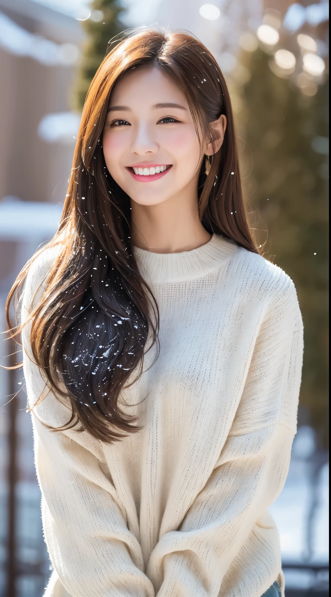Masseter muscle part, highest quality, masterpiece, High resolution, Photoreal, Raw photo, 8k wallpaper, perfection, professional lighting, very detailed, Depth of bounds written, snow scene、One Young Woman(20th generation)、cute、brown long hair、smile、It's snowing、Loose sweater