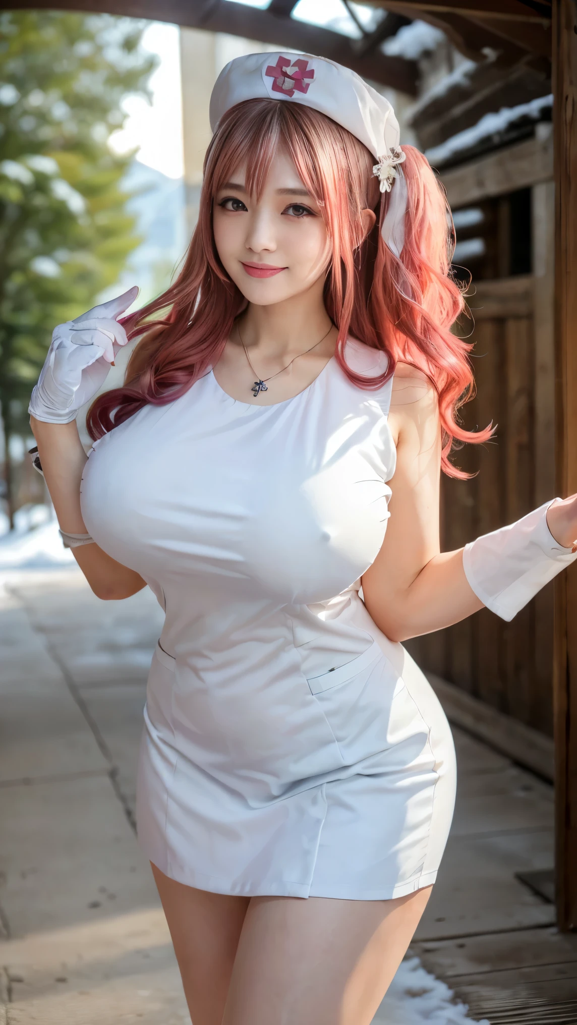 ((best picture quality,8k)),,,once very beautiful,(sleeveless:1.3),(middle view :1.2),(1 plump),{{26 years old,lactating women}},brown hair(big),(:1.8),Smile,(In big的 of flowery breasts and thin waists,Slim,Nurse hat, Nurse suit, Nurse coat, Nurse,low cut,grinding,ear nipple ring,necklace,Lively,noble,flowers,happy,low cut,巨big蒙特雀,curls,Wedding dress,big风,White gloves,having fun,shattered,smile happily,,ski facility,sun road sky,standing in the snow,frozen,Snowing day,cold,Winters,slim legs,long legs, Slim, thin and long,Slim,slim ,巨big岩石,big的, huge breasts,pink hair,cute,girl,Beauty