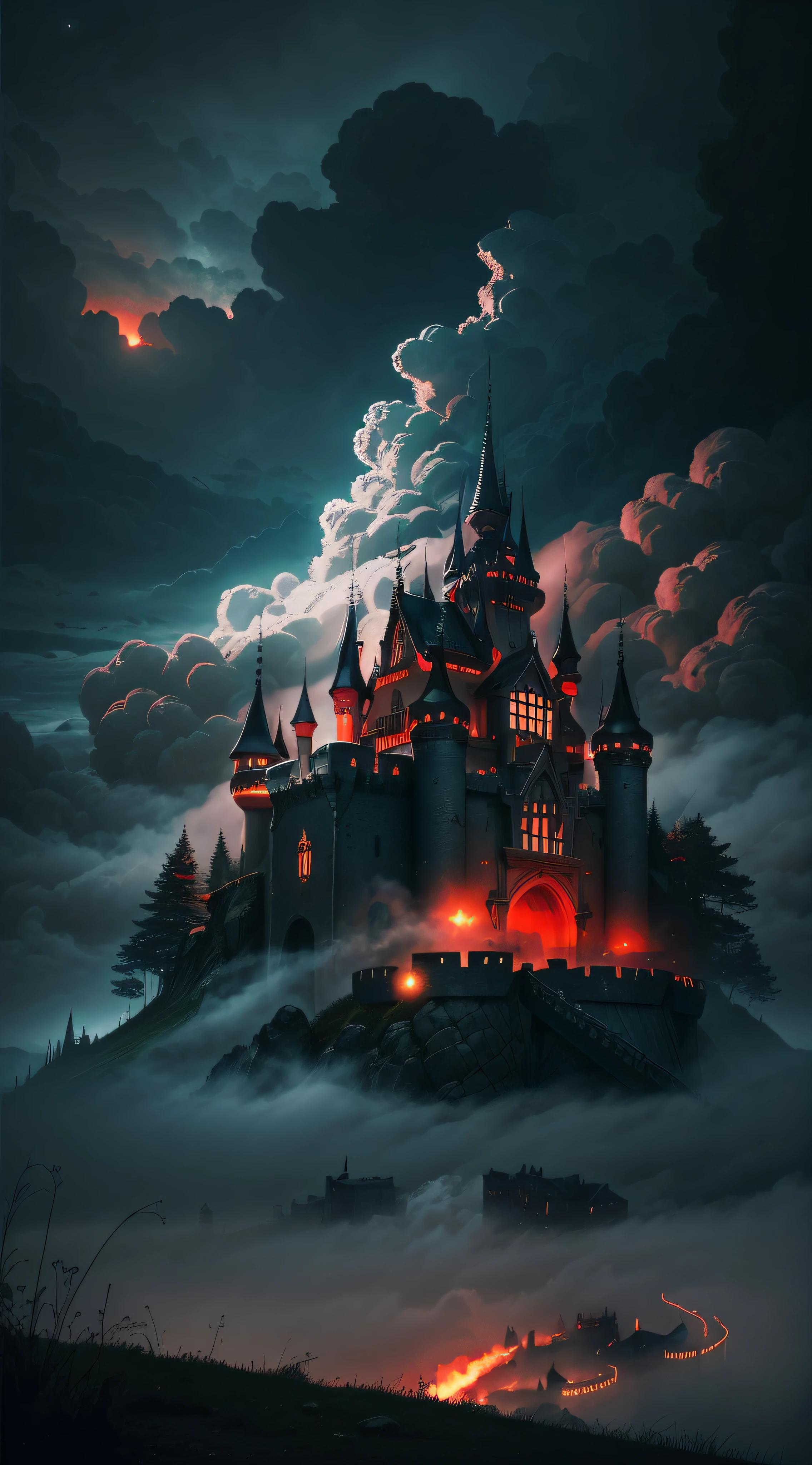 Castelo escuro、castelo abandonado、noite escura、Muitos Inazuma、luz vermelha、Luz rubro-negra、Guerra、Guerra Vermelha、smoke、sombrio、Nuvens escuras、Emergindo de nevoeiro espesso、obra-prima、ultra-definition、Single focal length