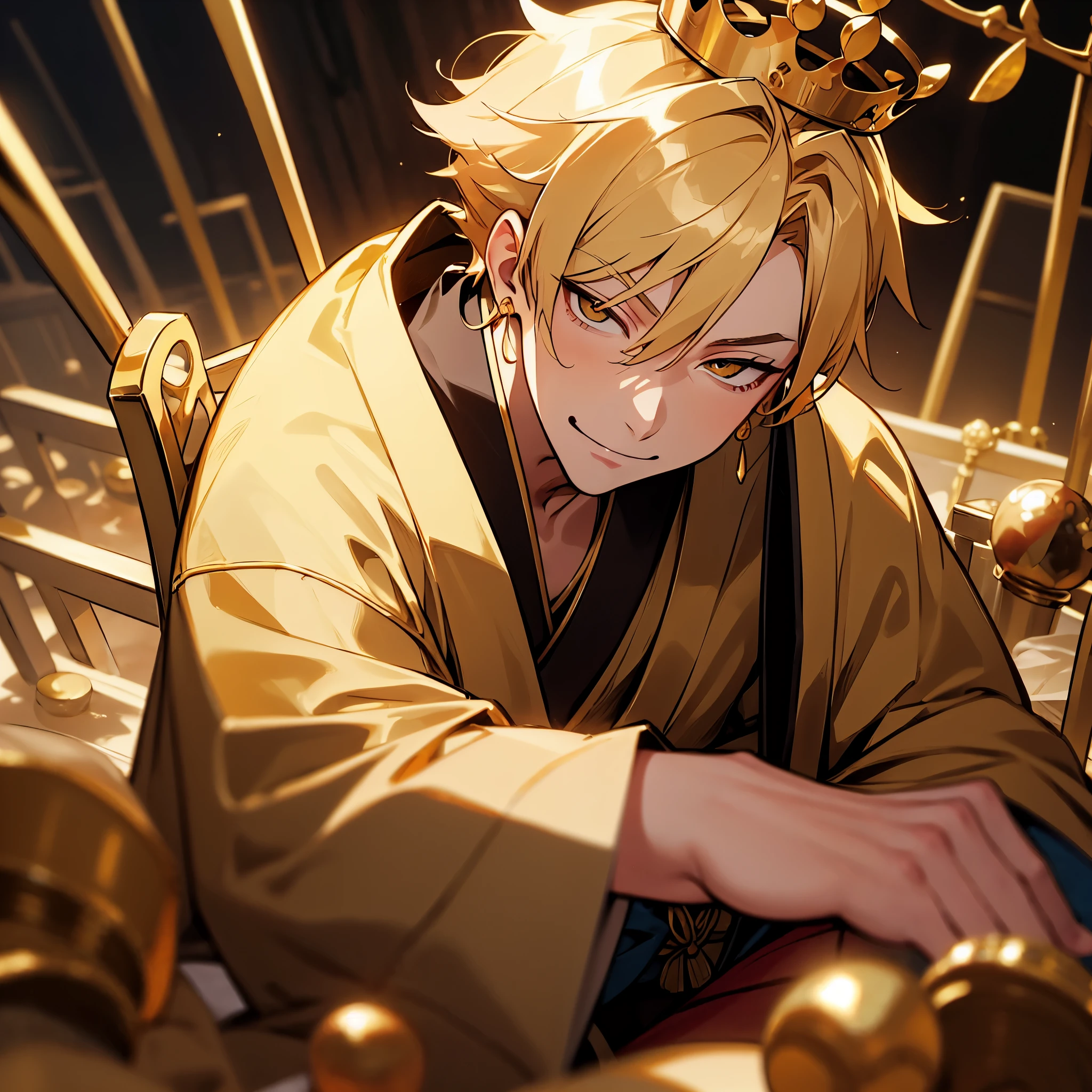 anime adult man with golden hair and golden eyes, short spiky hair, one man alone, sitting on a golden throne, treasure and coins all around, traditional japanese gold clothing, royalty, rich, smug expression, smirk, mischievous, gold rings, a crown circlet on the head, an emperor, small gold earings, in a treasure room, luxury, wealth, richest man in the world, close up head shot, personification of greed