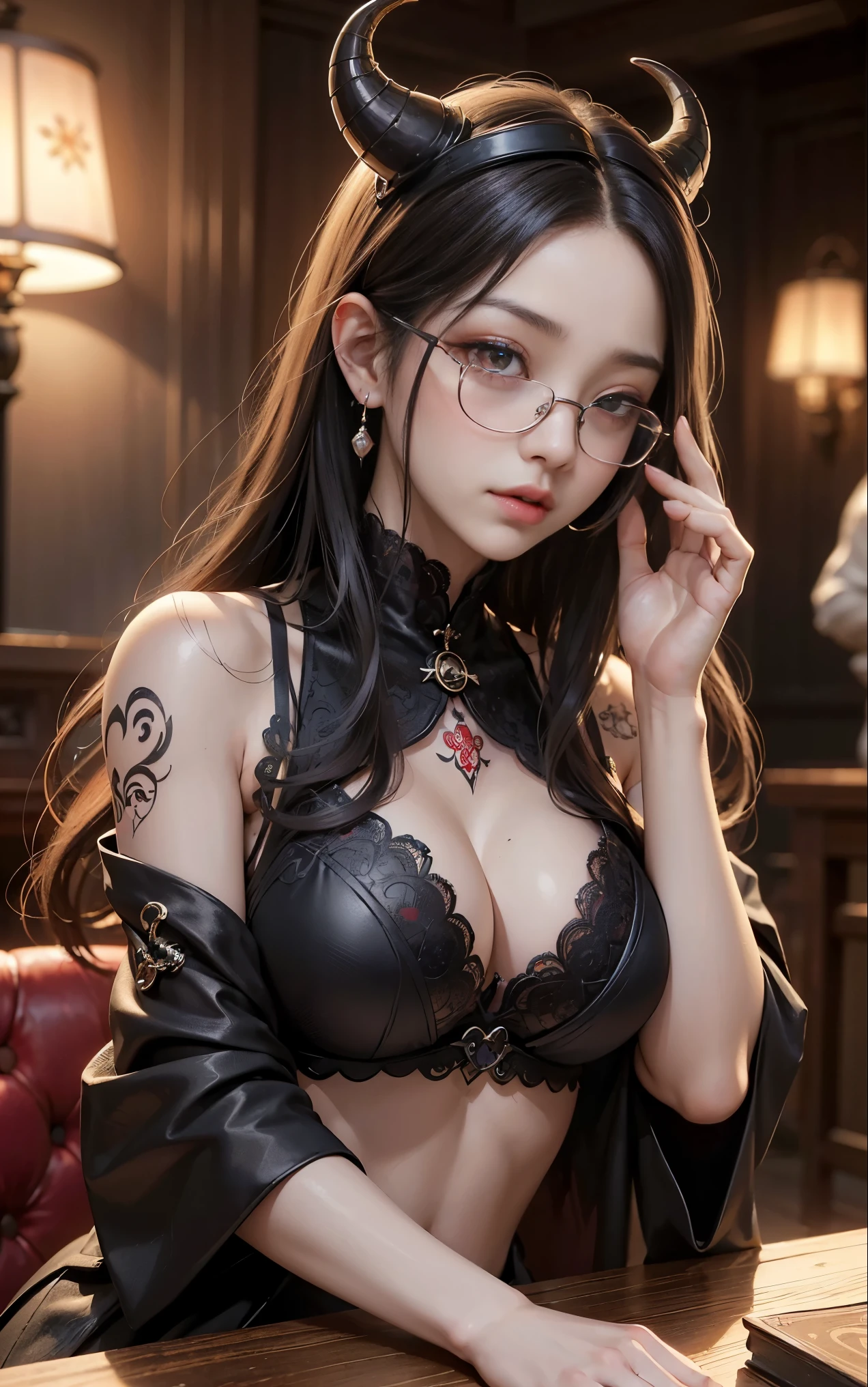 Are you okayですかですか、(best illustrations)、8k UHD resolution、intricate details、highest quality、realistic、Super detailed、best lighting、best shadows、soft lighting、Ultra HD、超realistic、Tyndall effect、Photoreal、(high detail skin:1.2)、 (intricate details, compensate, face to face with the children_v1:0.5), (Are you okay, beautiful and delicate face, Are you okayですか, beautiful and delicate eyes, perfectly proportioned face, high resolution skins, fine skin, Optimal ratio of 4 fingers and 1 thumb, arm under chest, red tattoo on lower abdomen、wow wow, wide hips, smooth abdomen, thin and thin skin, __fashion__, __hair__:1.25)、Digital single-lens reflex camera、 absurd、(table top: 1.3), (maximum resolution: 1.2), (Ultra HDTV: 1.2), cinematic light, fine eyes and skin, detailed facial features, , (sharp focus: 1.2）, (focus on face:1.2),perfect style, beautiful face, acura, anatomically correct, Highly detailed face and skin texture, fine eyes, double eyelid, thin eyebrows, glitter eyeliner: 1 natural cheeks, Glossy skin, Fair skin: 1.2, (glossy lips: 1.4),(embarrassed look: 1.2),Highly detailed face and skin texture, fine eyes, double eyelid, natural cheeks,  glossy lips: 1.4,exposed cleavage、Bewitching。Charm、 Beautiful devil woman from hell, Surreal female portraits by David Hockney and Alphonse Mucha, Charm女性の肖像画、fantasy art, chinese doll、Chinese actress、dungeon、dragon、devil&#39;Palace of、devil&#39;torture chamber、night、dark style 、in the dark、(detailed spooky background:0.8), magic、 1 girl、evil nun、dark necromancer、Succubus、devil&#39;Daughter of、Shinonome Umi、bat wings，(((devil&#39;horn)))、 ((((giant glasses, otaku glasses, thick glasses, round glasses)))),(((big breasts)))、(devil&#39;tail of)、(red eyesは光り輝いて:1.6)、red eyesは非常に鮮明で詳細です, Your eyes are made up so beautifully, ((red eyes:1.0)),intricate tattoo, demonic intricate tattoo, Tattoo on the thigh, body tattoo, masterpiece、最もbeautiful face、baby face、cute smile、beautiful plump red lips、筋肉のCharm体、devilのCharm体、devil style、Charmブラックマジックコスチューム、The long-haired、Braid、Black hair、Ponytail distortion、, Ponytail with a bow tied at the back of the hair, beautiful expression、body up、big breasts強調、bust,  super tight chest, Breast augmentation surgery, The chest is very large and round,tight waist、wide ass、 private key, cowboy lens, (Black Phoenix Dress: 1.0),  devil crown,  red sparkling gemstone necklace、Jewelry G Wise,  Please wear black mesh socks,Wearing light red、nffsw, nffsw, meet beautiful girls, looking at girl&#39;body of,