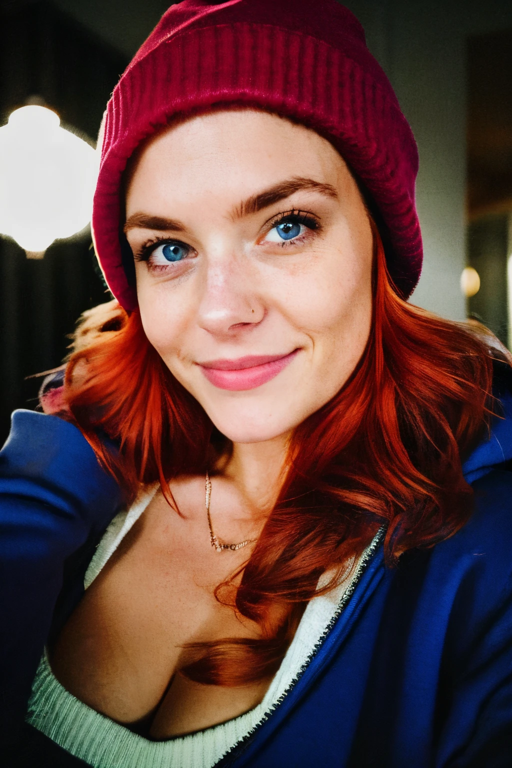 A close up of a woman with red hair wearing a red hat - SeaArt AI