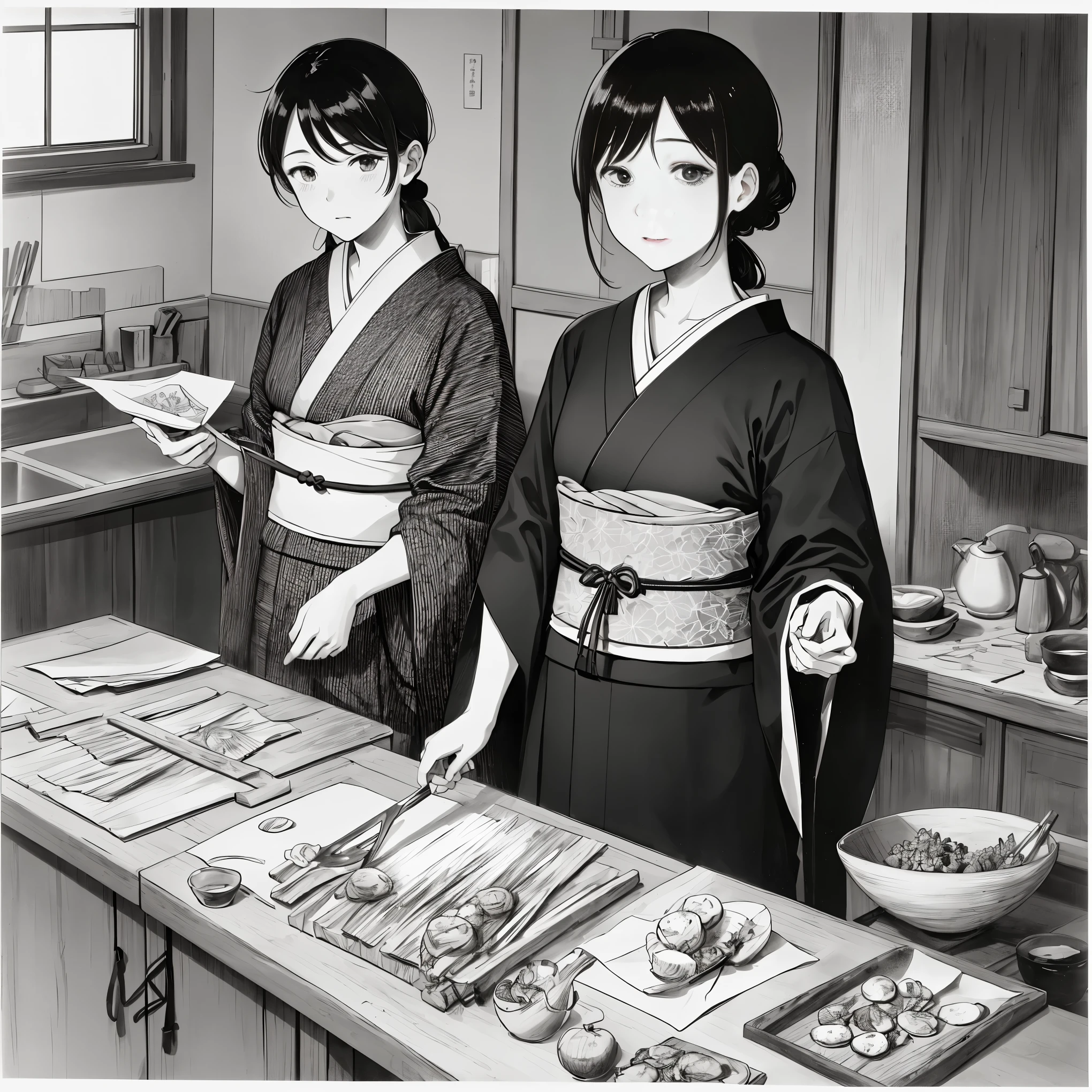 He even drew the texture of Japanese paper and made black and white woodblock prints in ink. In the early Showa period, she was about 32 years old, and she was a woman with no strong self-esteem in a kimono and kappo kimono. Radishes are being cut in the old kitchen. You can also see the bamboo pole.