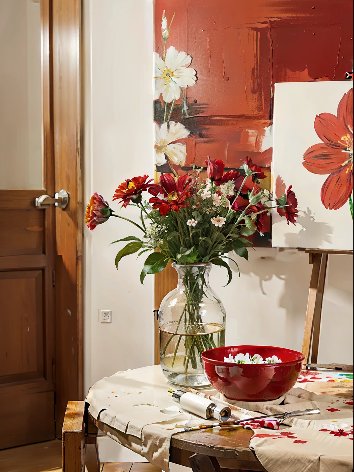 create a painting canvas with flowers red and white on table