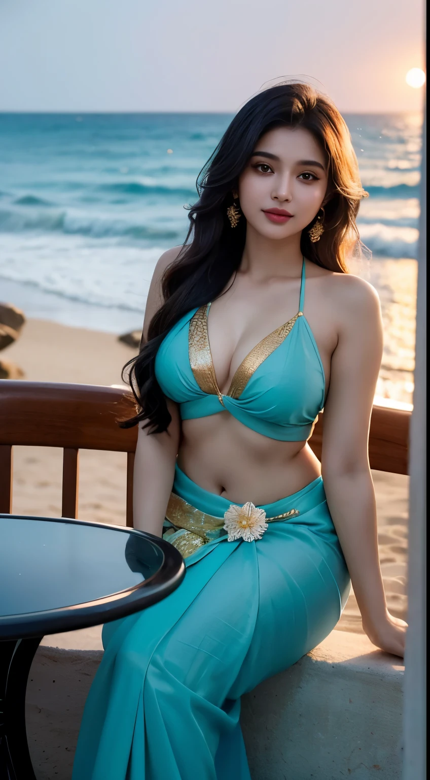 Imagine Riya Noir at an elegant beachside restaurant during a golden sunset. She radiates warmth with her sun-kissed, natural skin and a slightly curvy figure, dressed in a stunning turquoise saree that flows gracefully with the sea breeze. Her captivating hair, black at the roots fading into a subtle blonde towards the ends, frames her cheerful, rounded face. Riya is captured sitting at a table adorned with exotic flowers, her gaze inviting and full of joy as she looks directly at the camera. The background is a soft, dreamy blur of the ocean waves and the distant horizon, creating a serene bokeh effect that accentuates her serene and joyful presence against the majestic backdrop of the sea and the sky at dusk.