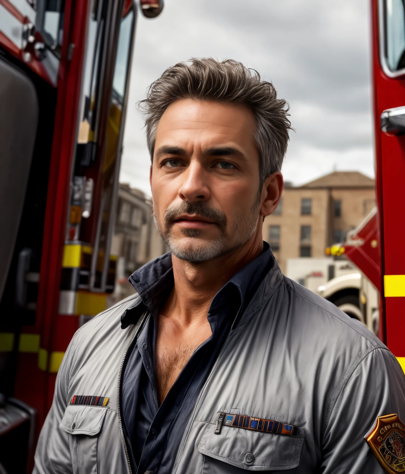 masterpiece, best quality, high resolution, closeup portrait, male focus, solo focus, A man, 50 years old, with firefighter uniform, firefighter suit, firefighter, silver grey hair, messy hairstyle, cute and seductive face, bare chest, body hair, facial hair, roman nose, scruffy, hairy abs,  skinny body, hairy legs, dimples, beard, bold jawline , in the background a fire station,  view from below, amazing composition, front view, HDR, ultra quality, elegant, highly detailed