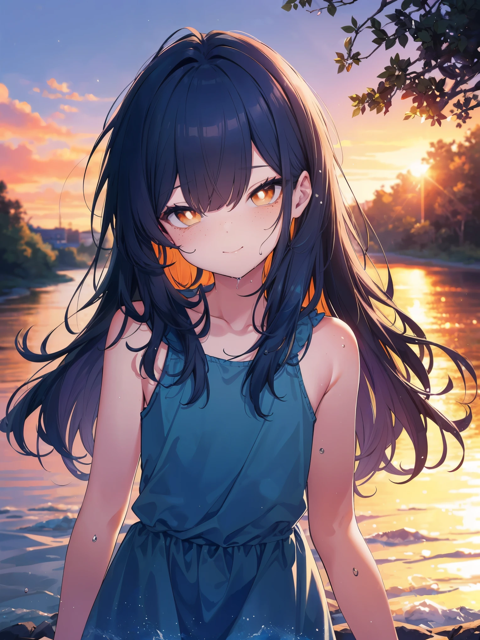(cowboy shot), (best quality, ultra-high resolution, depth of field:1.2), beautiful face, freckles, (femboy), feminine, 1male, (adult), (flat chest), (dark blue hair), long hair, (orange eyes), bright pupils, (wearing a blue summer dress), river scenery, wet, sunset, (winking:1.2), gentle smile, slightly bending forward, facing to the camera