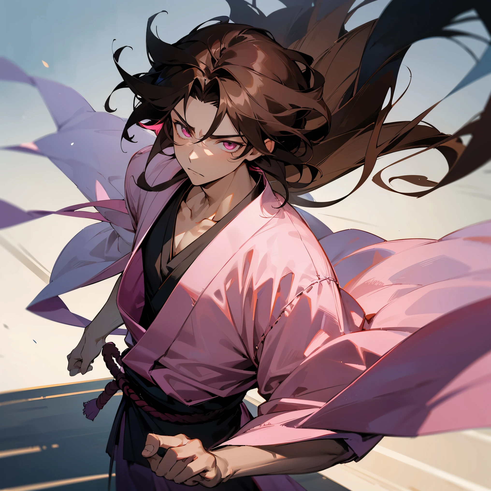 1male , Dark Brown Hair , Messy Hair , Medium Length Hair , Hair Pulled into a Top Not, Pink Eyes , Somber Expression , Swordsman Clothing , Japanese Clothing , Standing on path , Sunny Day , Male , Muscular