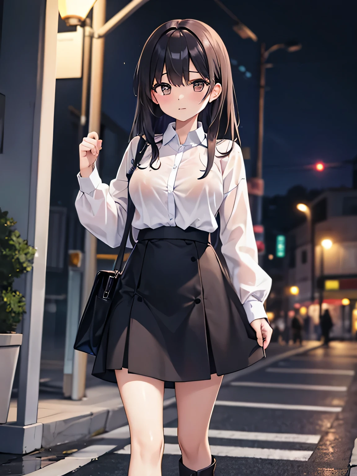 (1) A woman is walking in the rain, her blouse is wet、The pink bra is visible.
(2) Women are wearing white shirts and blouses, black skirt and long black boots.
(3) that woman has long black hair.
(4) The woman looks worried.
(5) The location is outdoors in an office district at night..